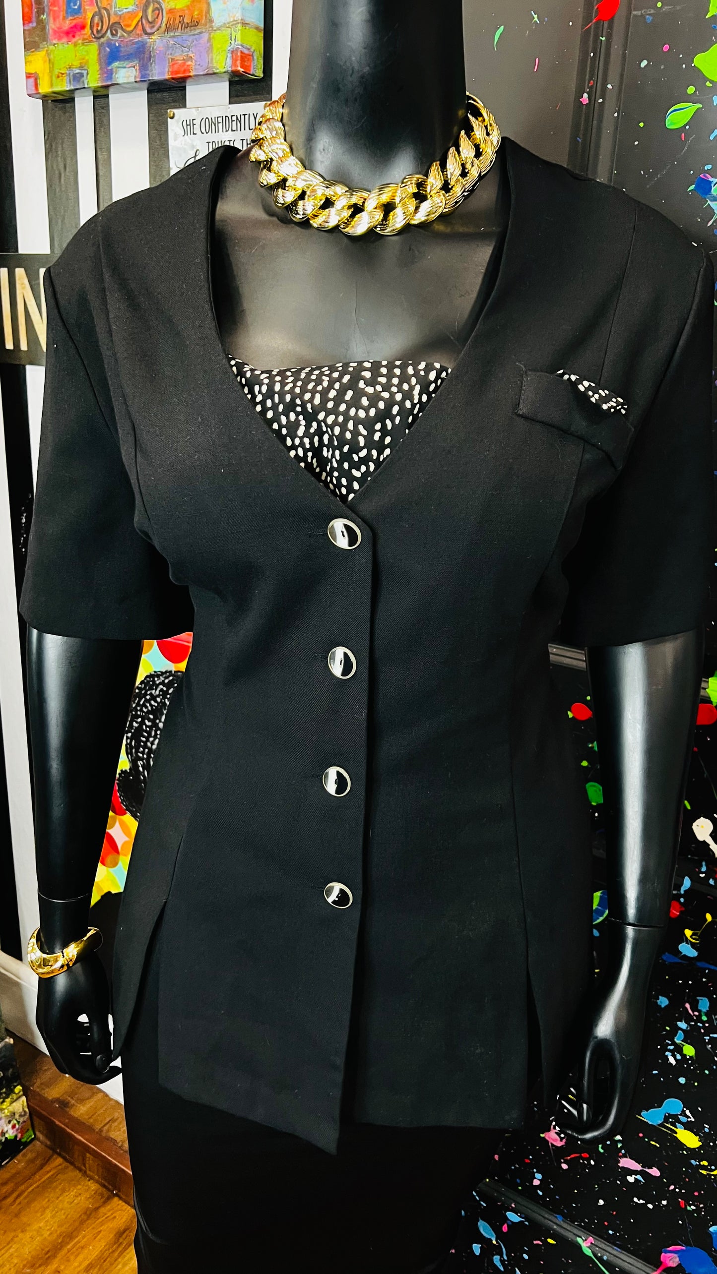 Vintage Black & Polka Dot Blazer Blouse (24W)