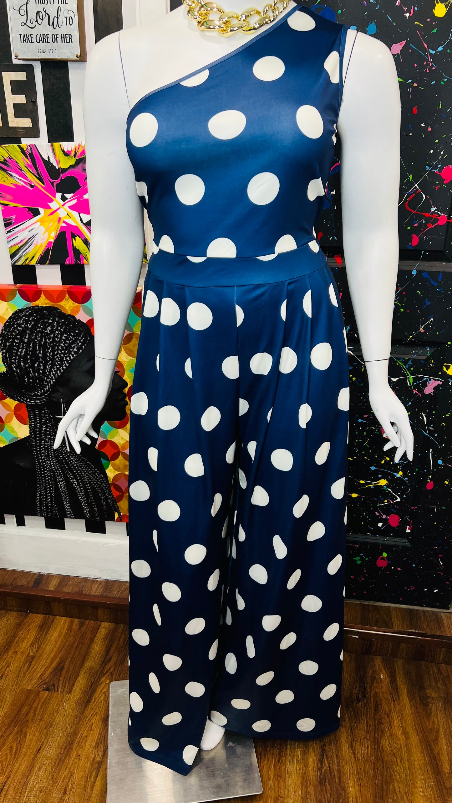 Vintage Inspired New w/ Tags Navy Blue & White Polka Dot Jumpsuit (18/20)
