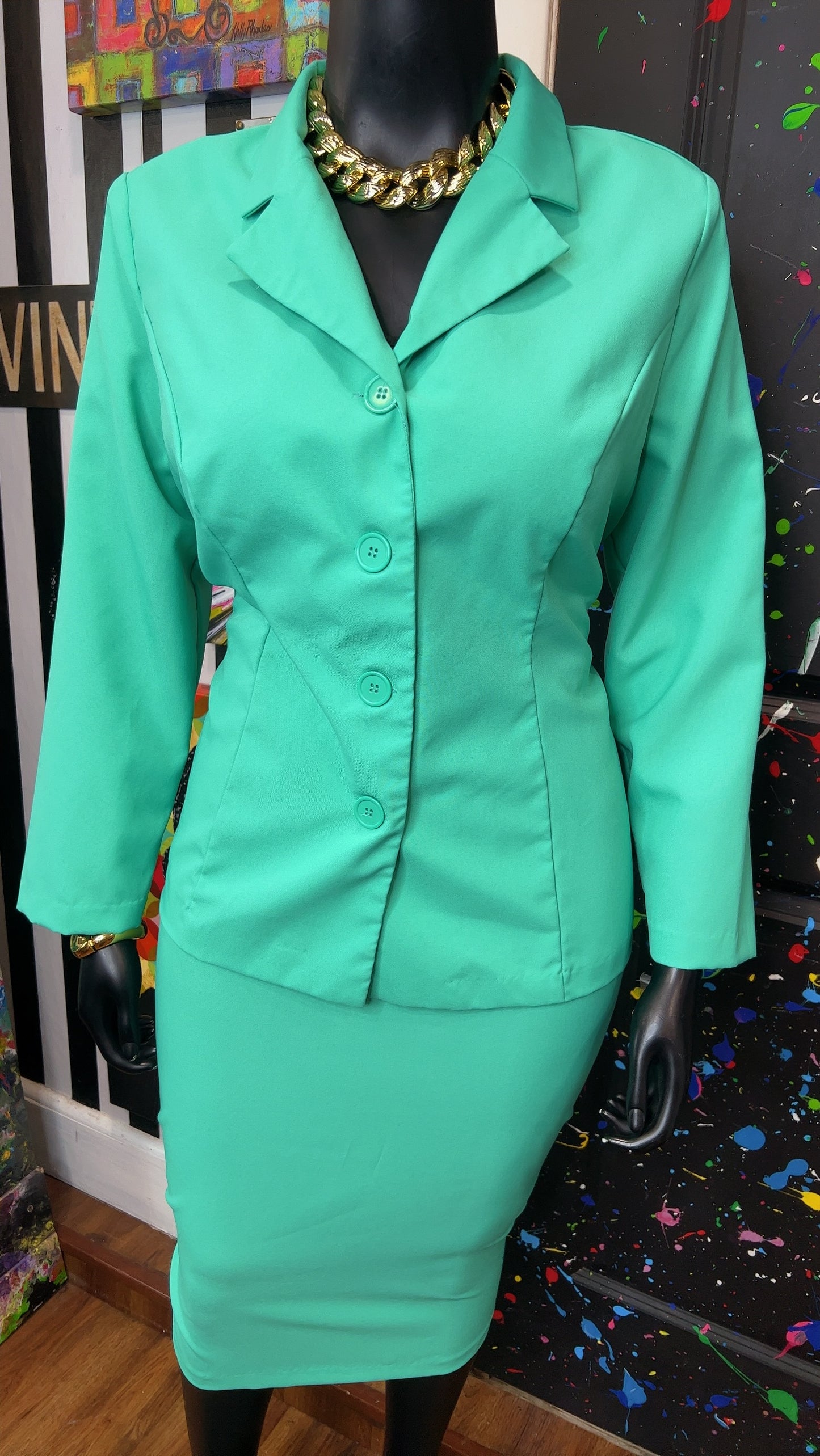 Vintage Teal Skirt & Blazer Suit (20W)