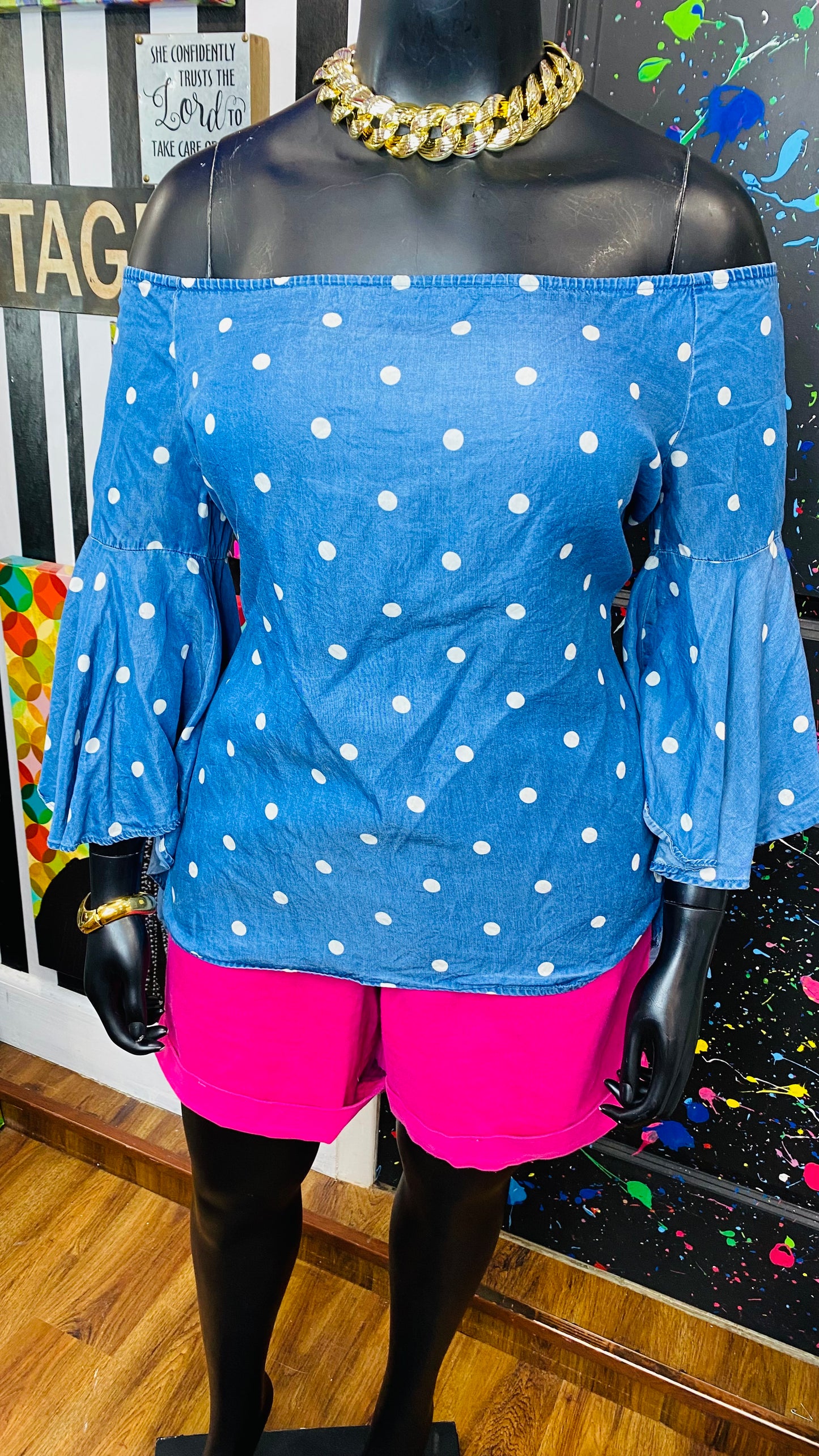 Denim & Polka Dot Exaggerated Sleeve Blouse (14)