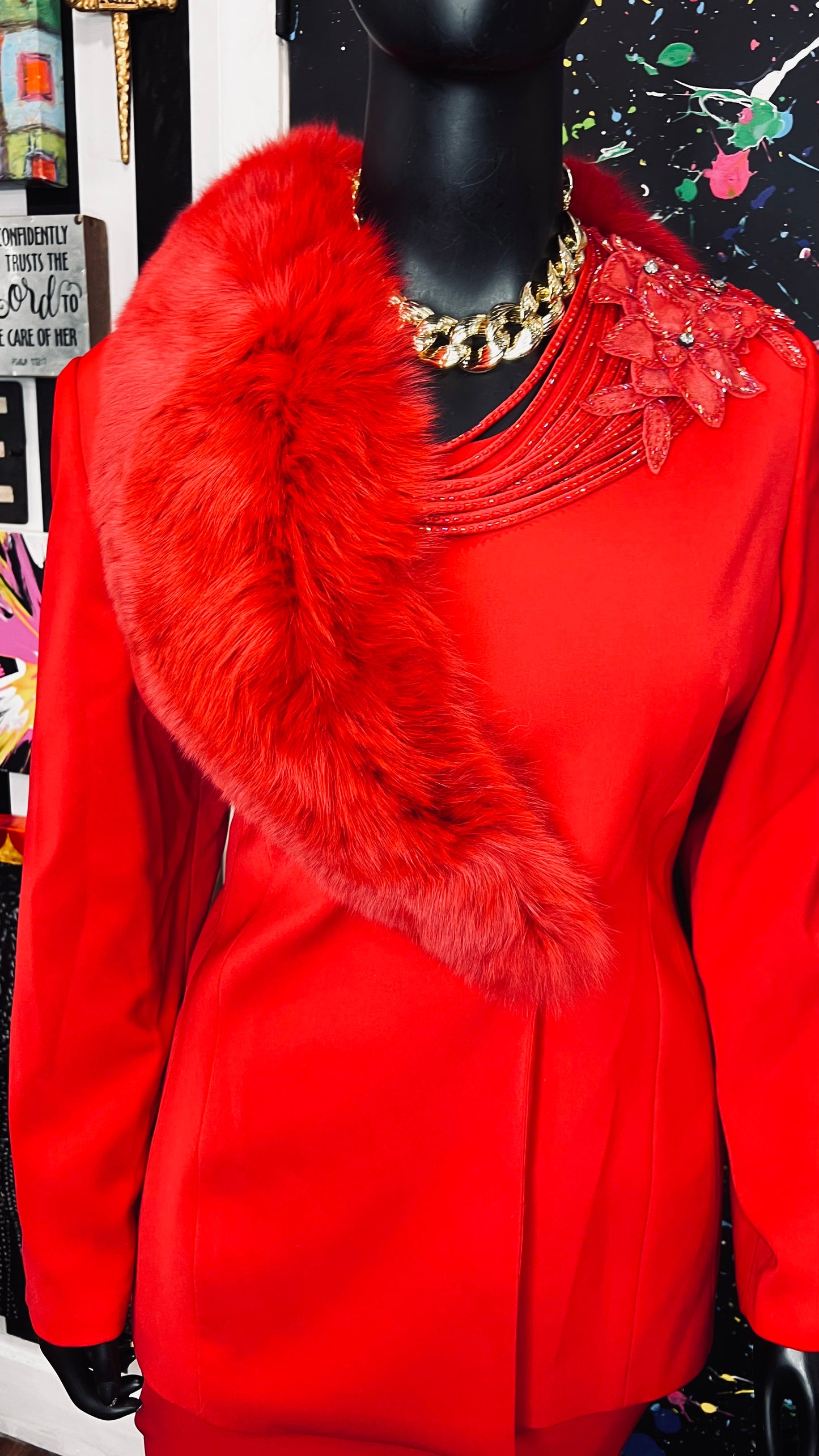 Vintage Couture Red Faux Fur Skirt Suit (20)