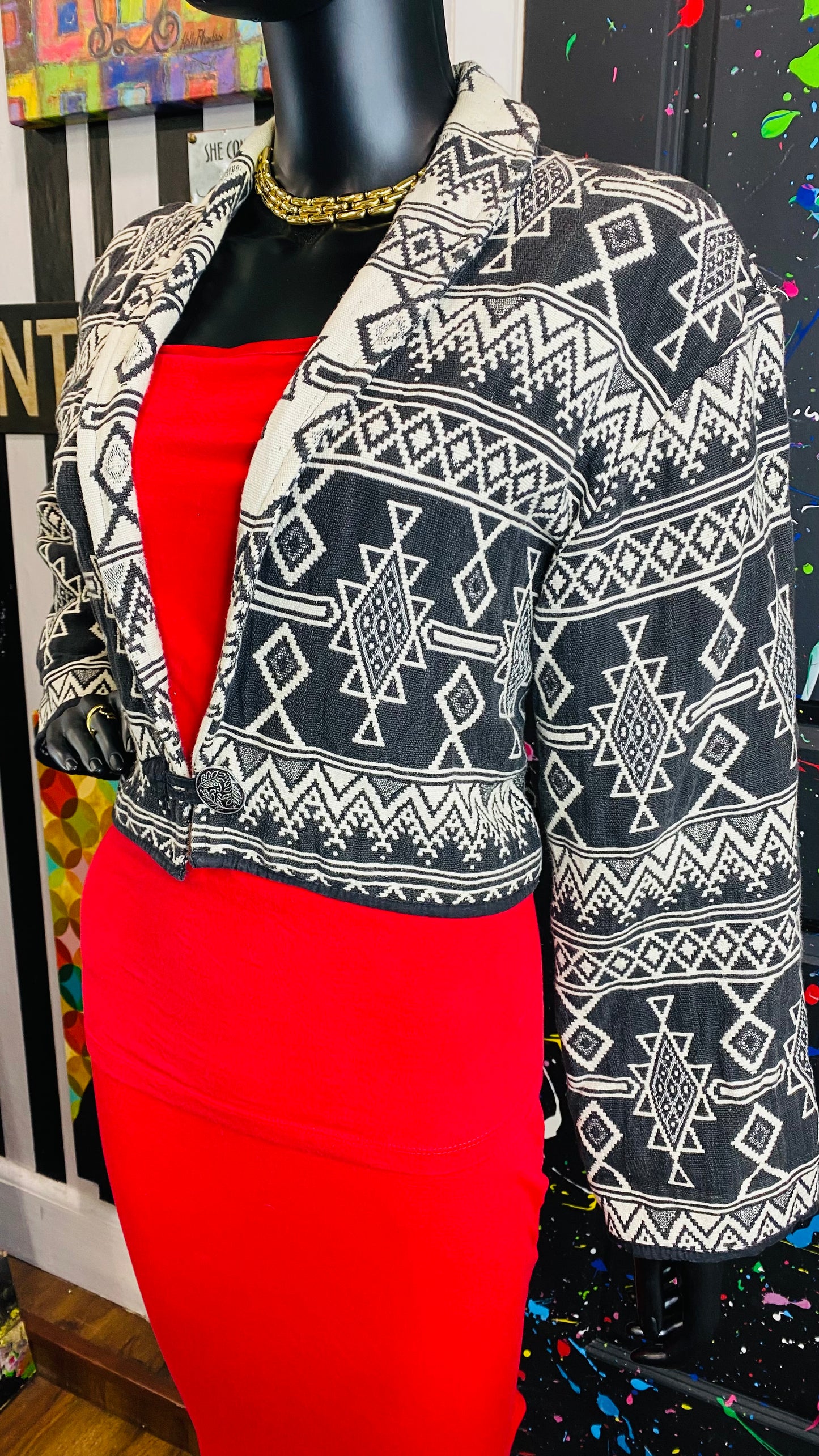 Vintage Cropped Tribal Print Blazer (12)
