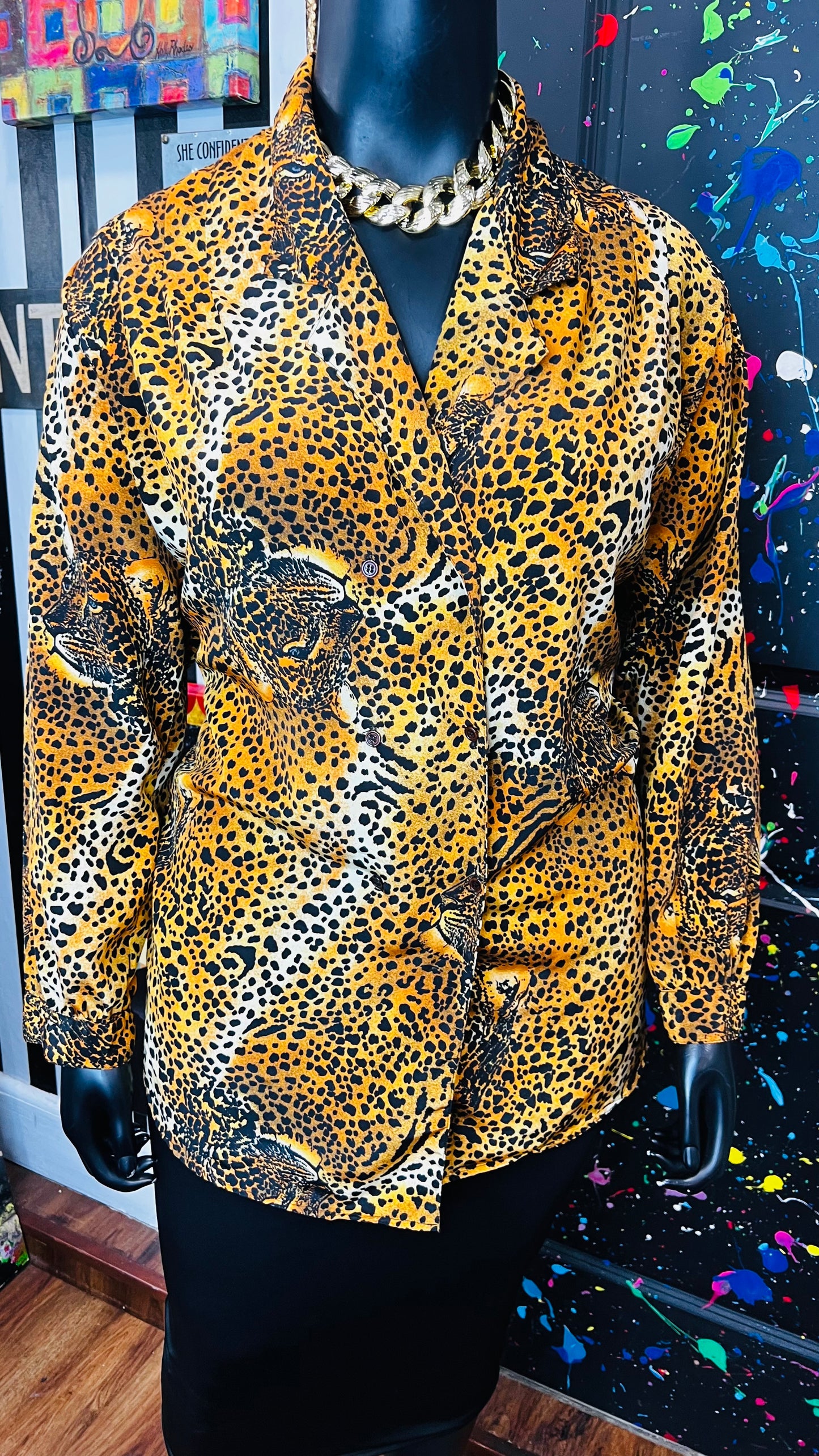 Vintage Dounle Breasted Leopard Print Blouse
