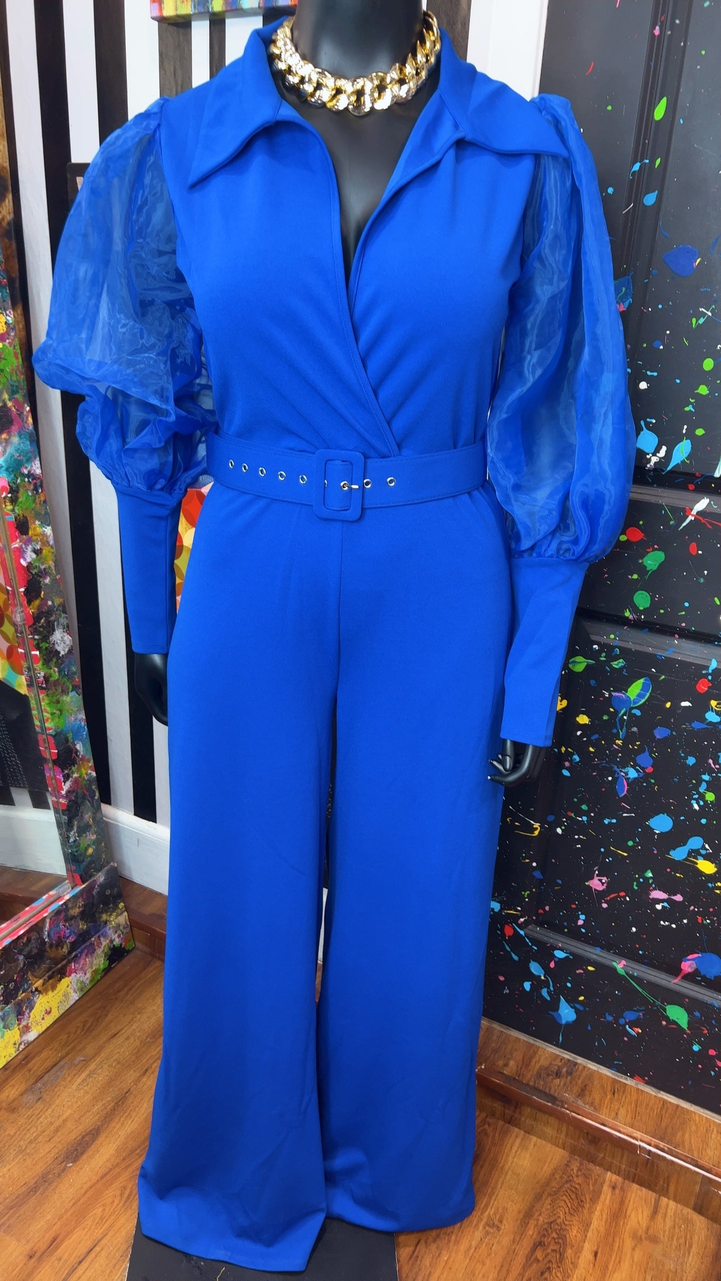 Cobalt Blue Sheer Arms Jumpsuit -New w/ Tags (14/16)