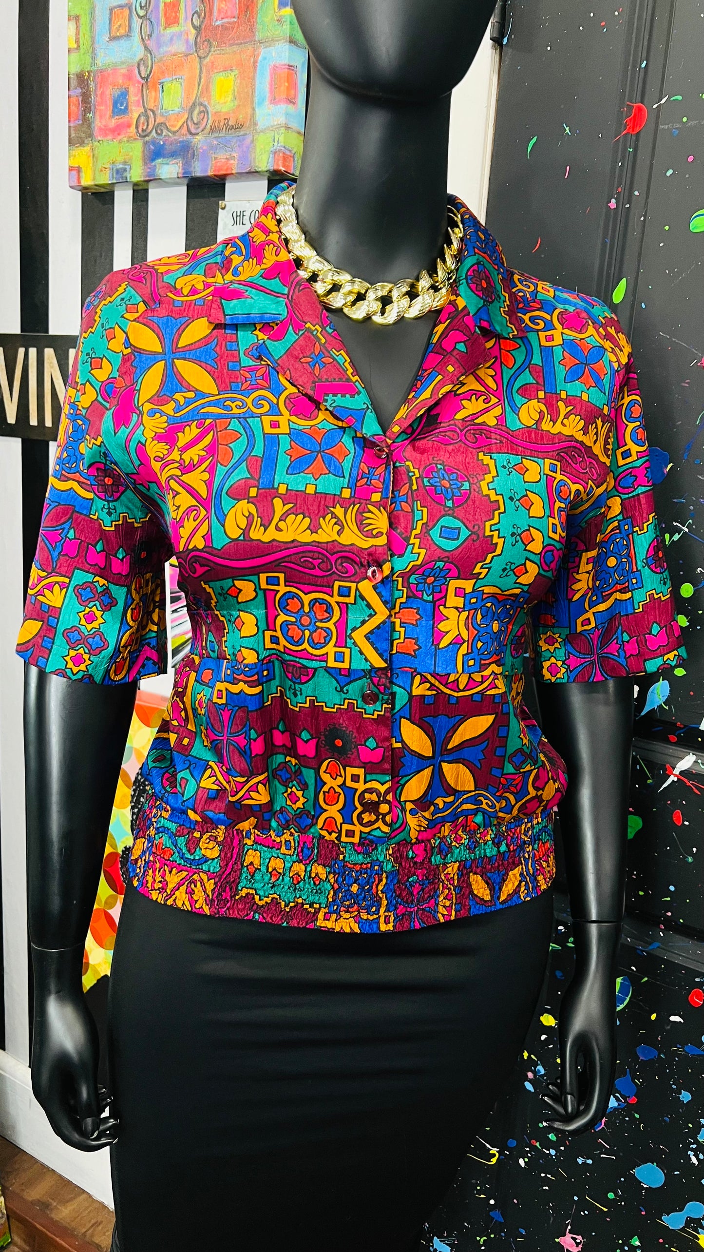 Vintage Abstact Elastic Waist Blouse (16)