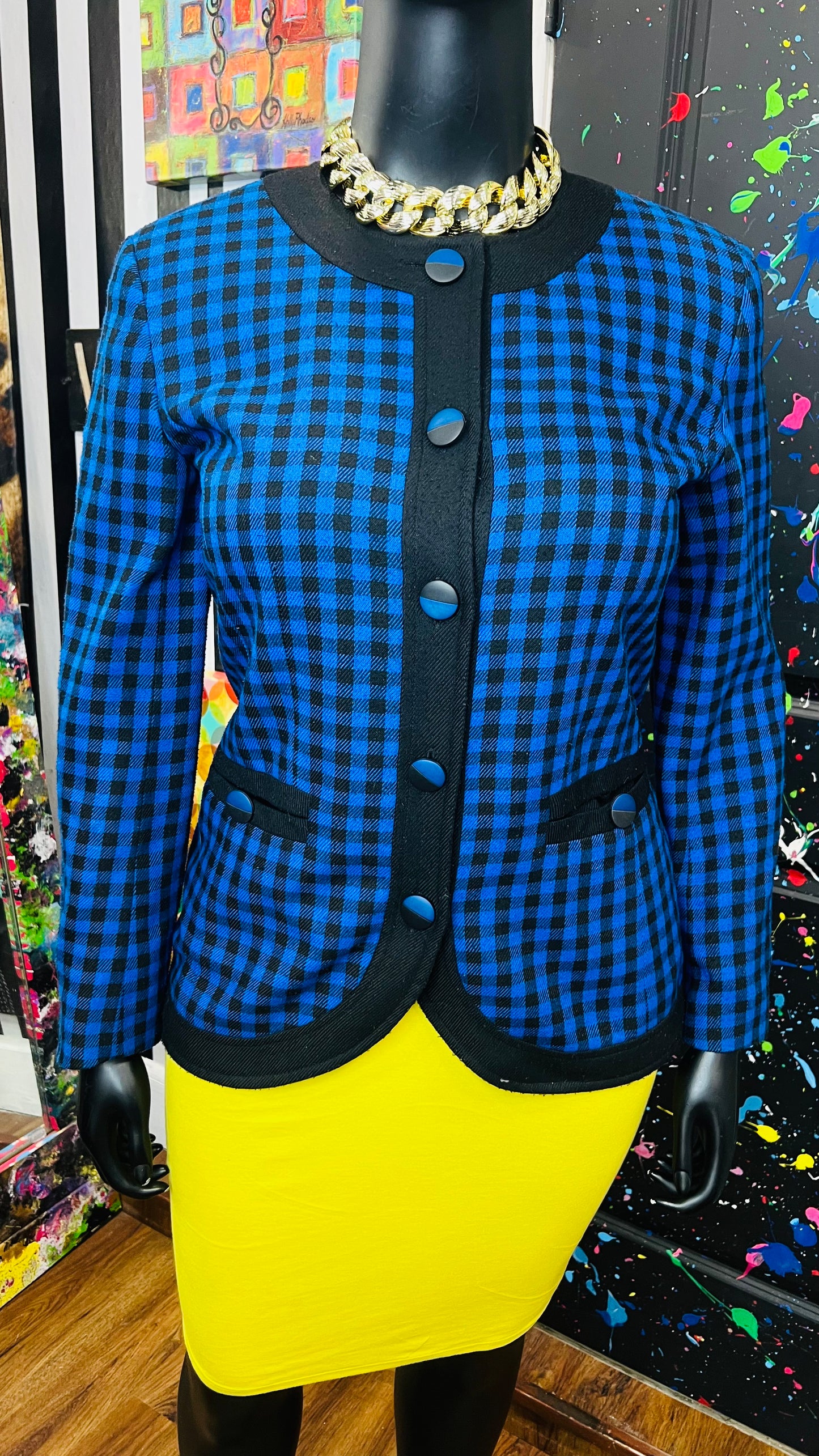 Vintage Leslie Fay Checkered Blue & Black Blazer (14)