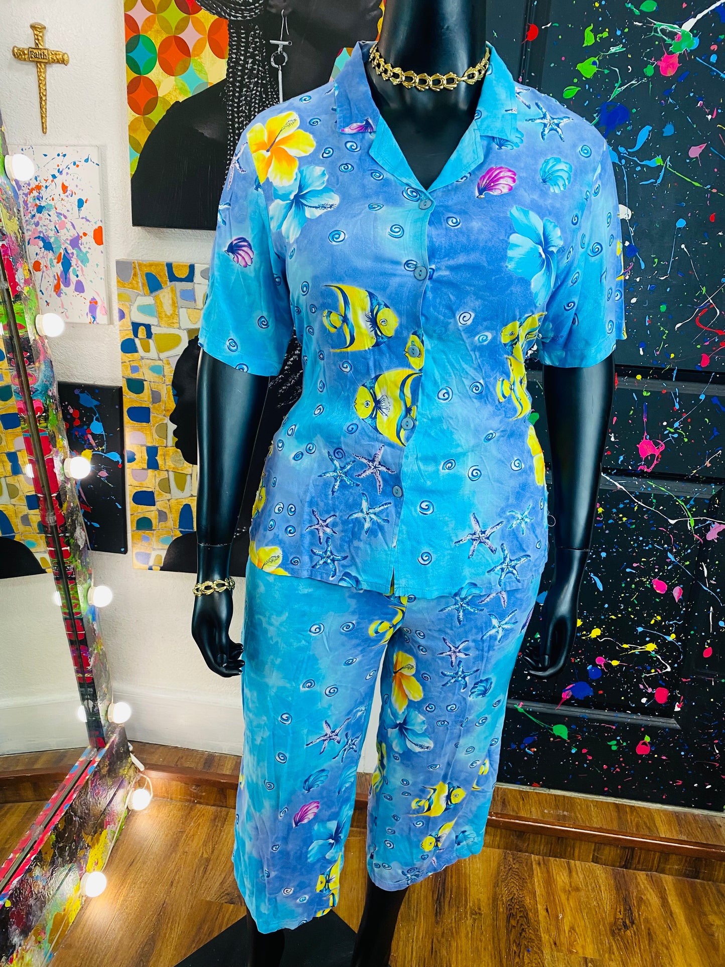 Vintage 2pc  Aqua & Studded Gauchos Set