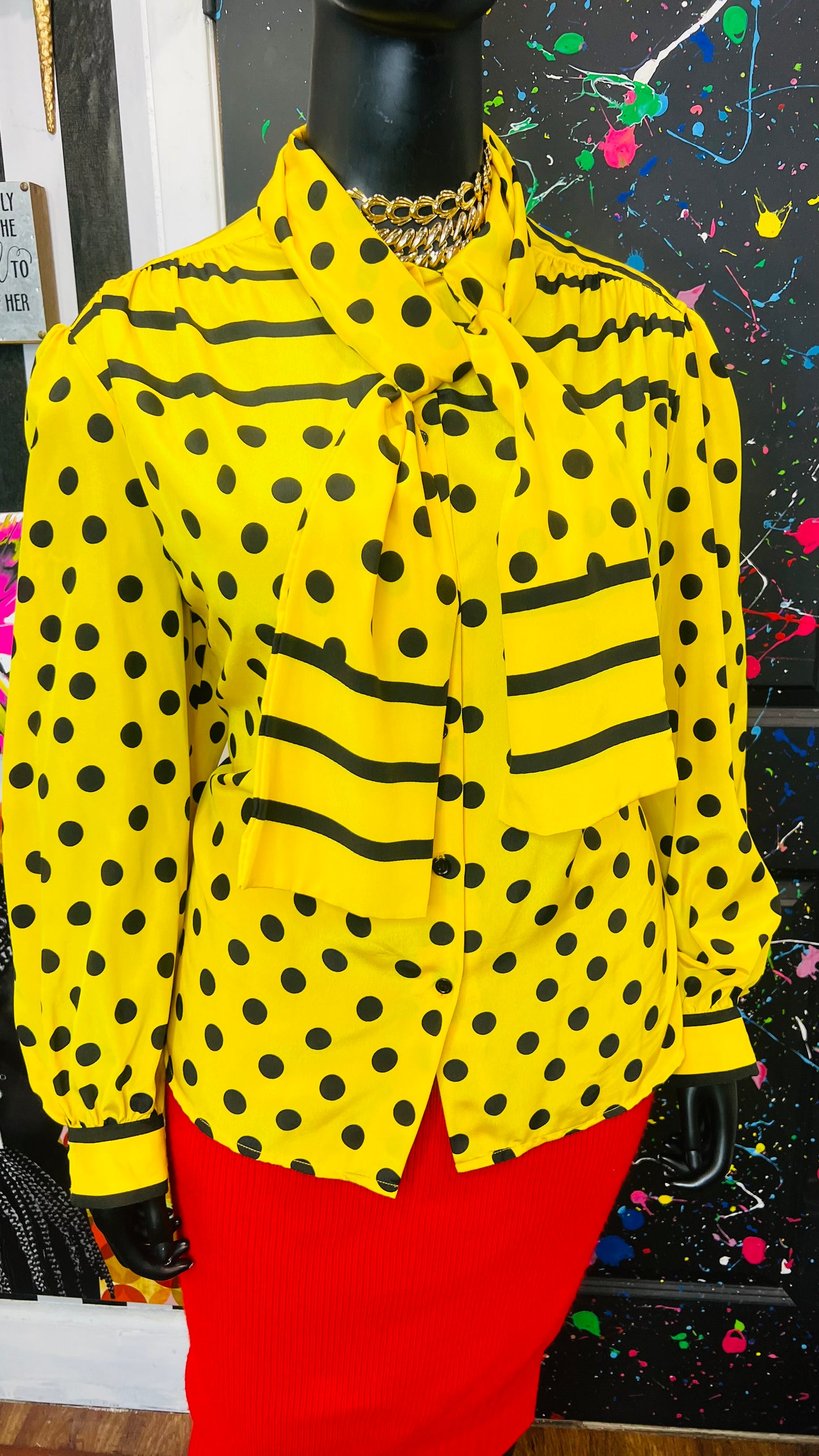 Vintage Yellow Stripes & Polka Dot Blouse (24W)