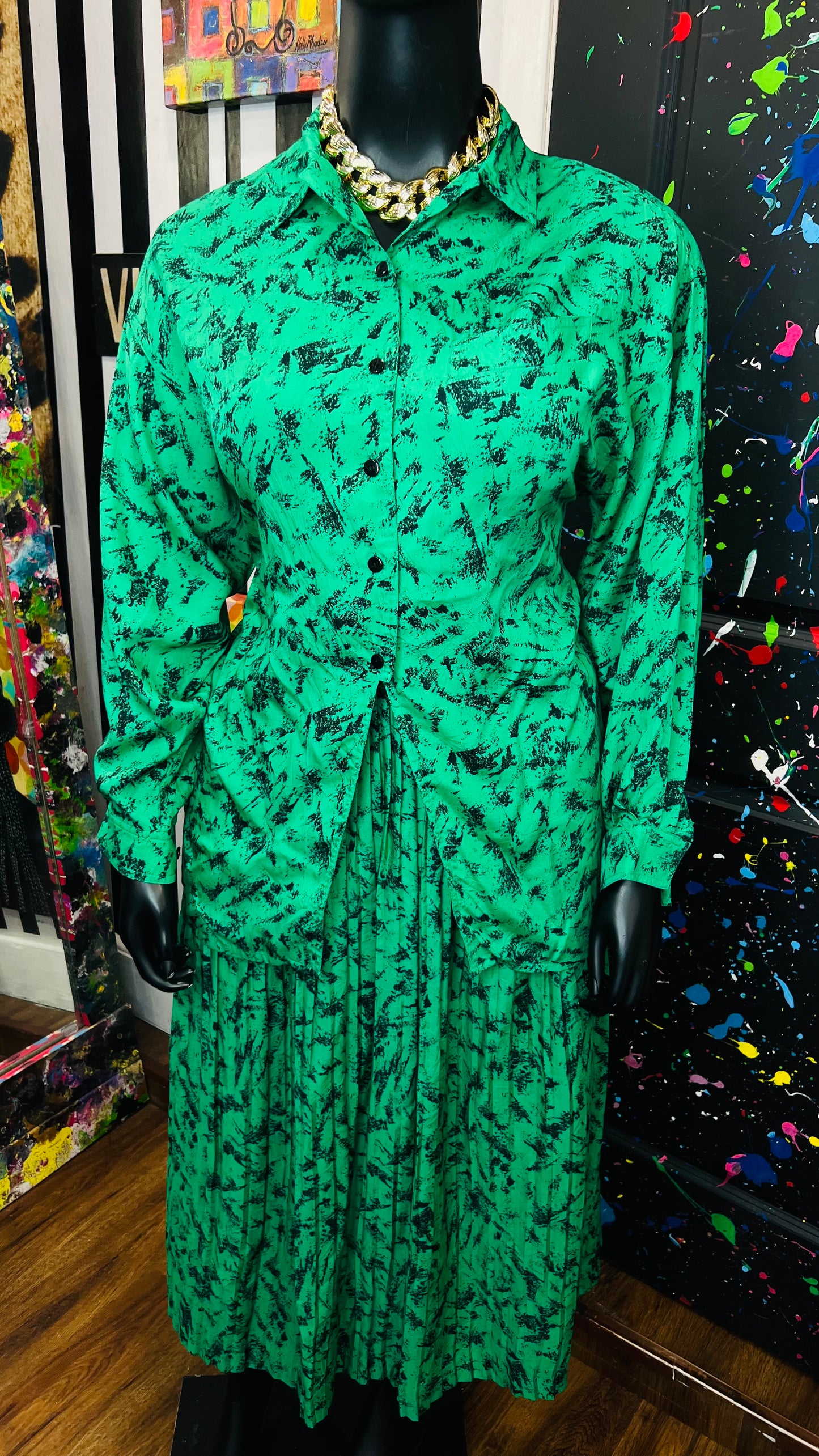 Vintage Green & Black Abstract Skirt Set (16/18)