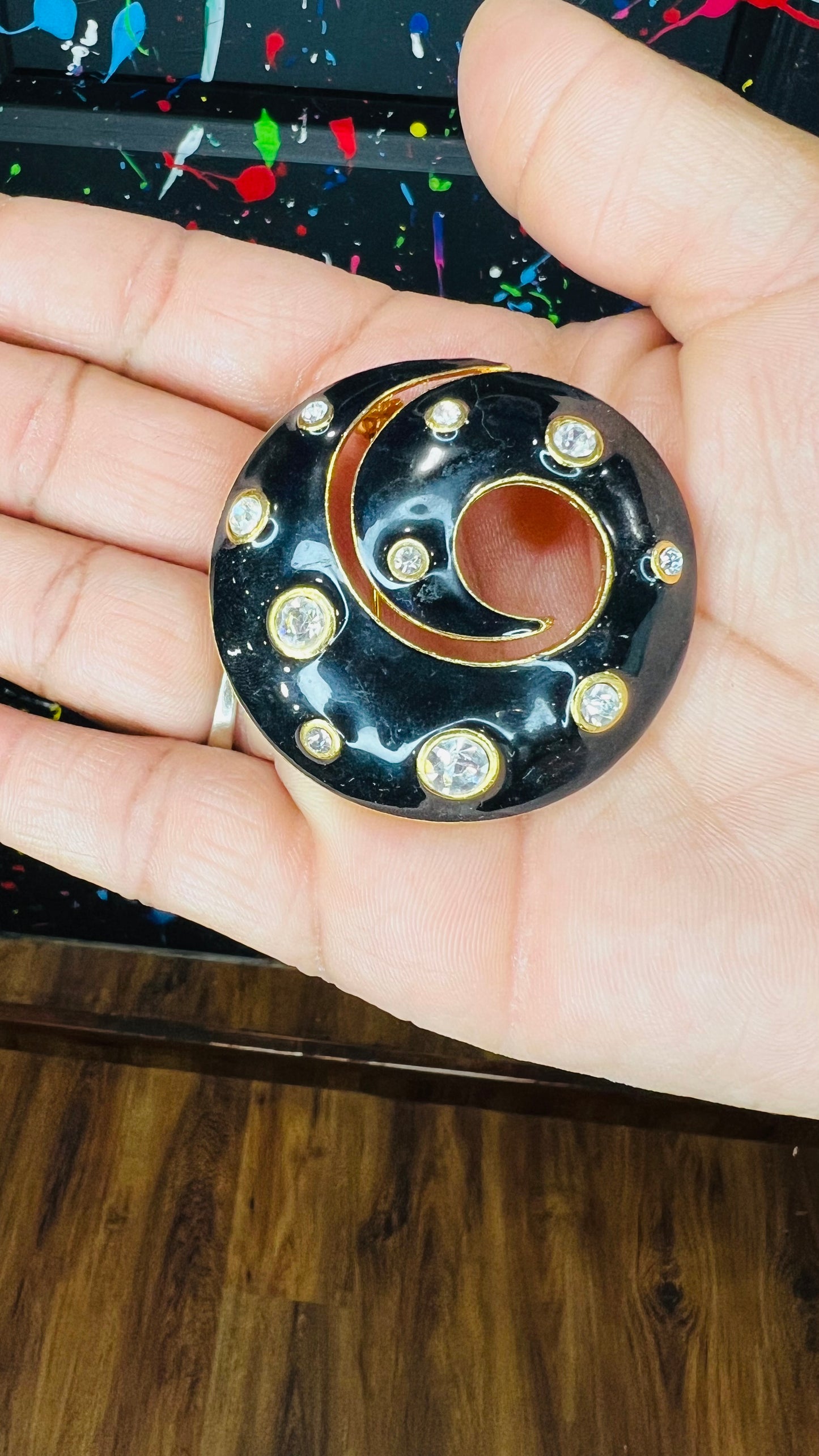 Vintage Large Round Gold & Black Brooch Pin
