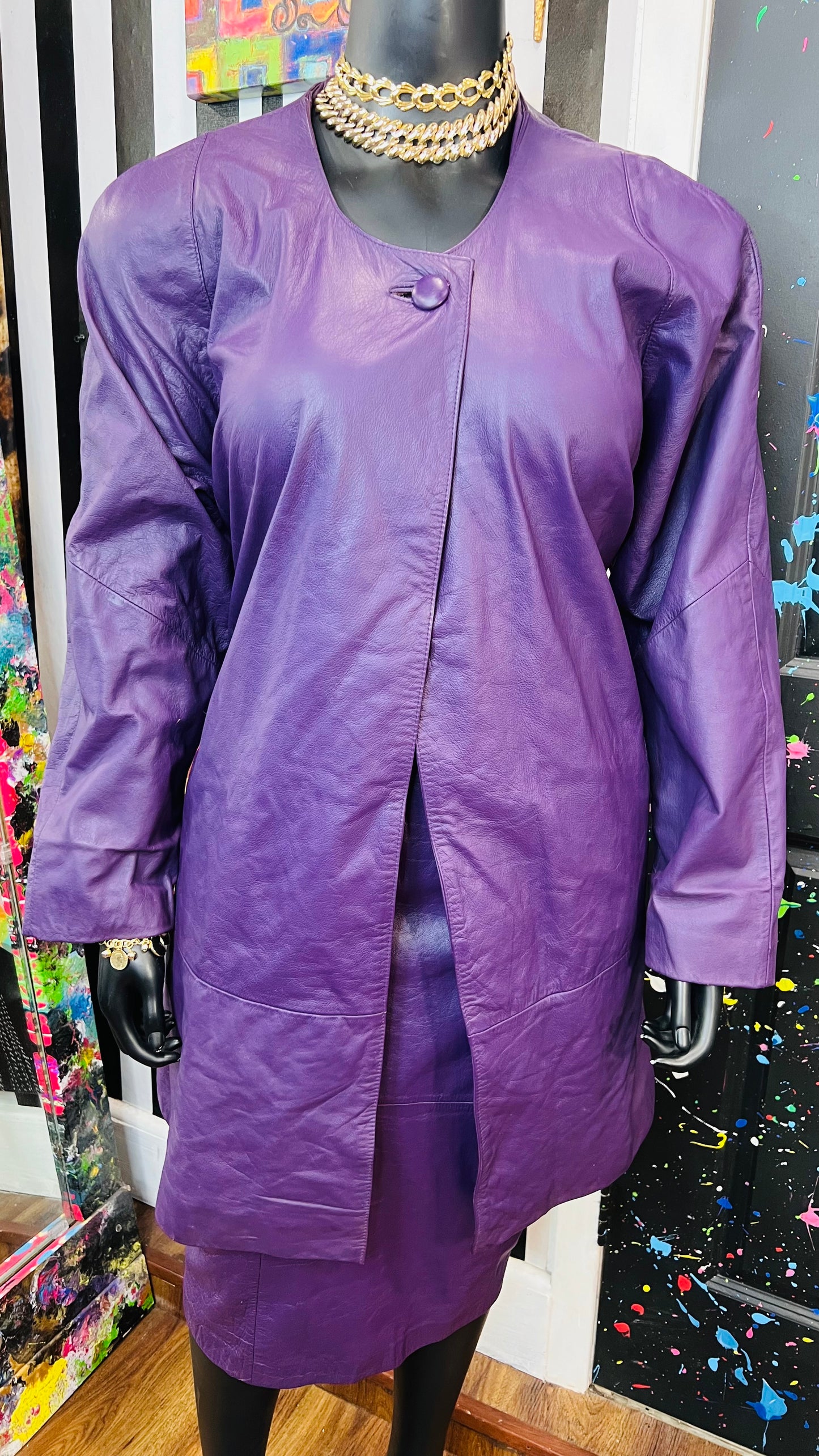 Vintage Genuine Leather Purple Swing Coat & Skirt Set (22)