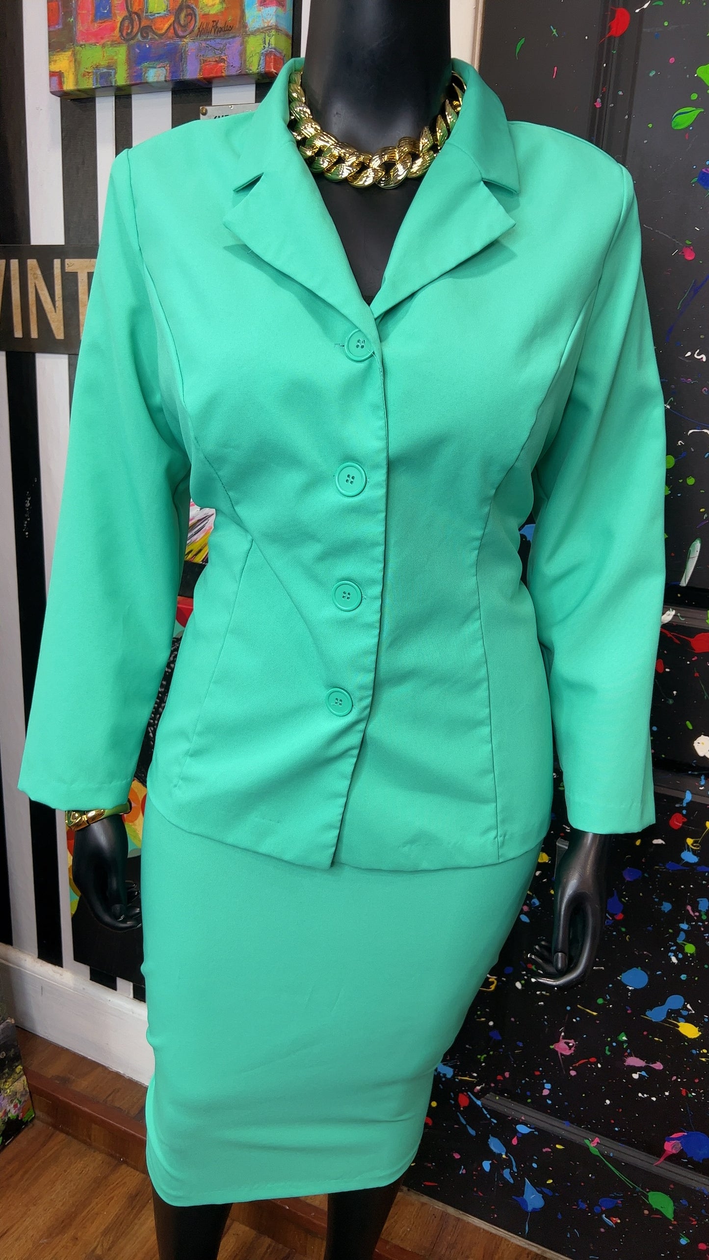 Vintage Teal Skirt & Blazer Suit (20W)