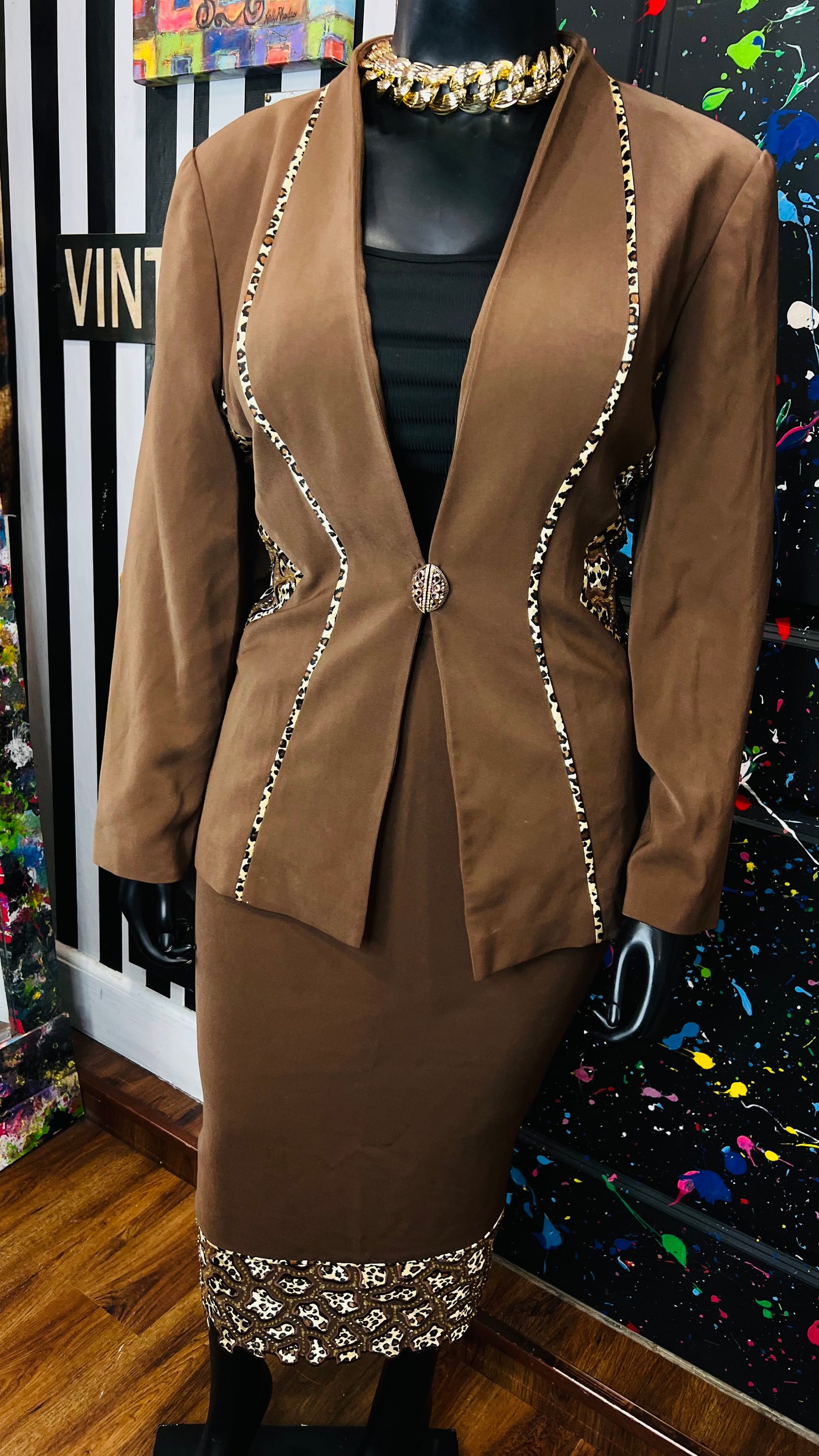 Vintage Chocolate & Animal Print Skirt Suit (18)