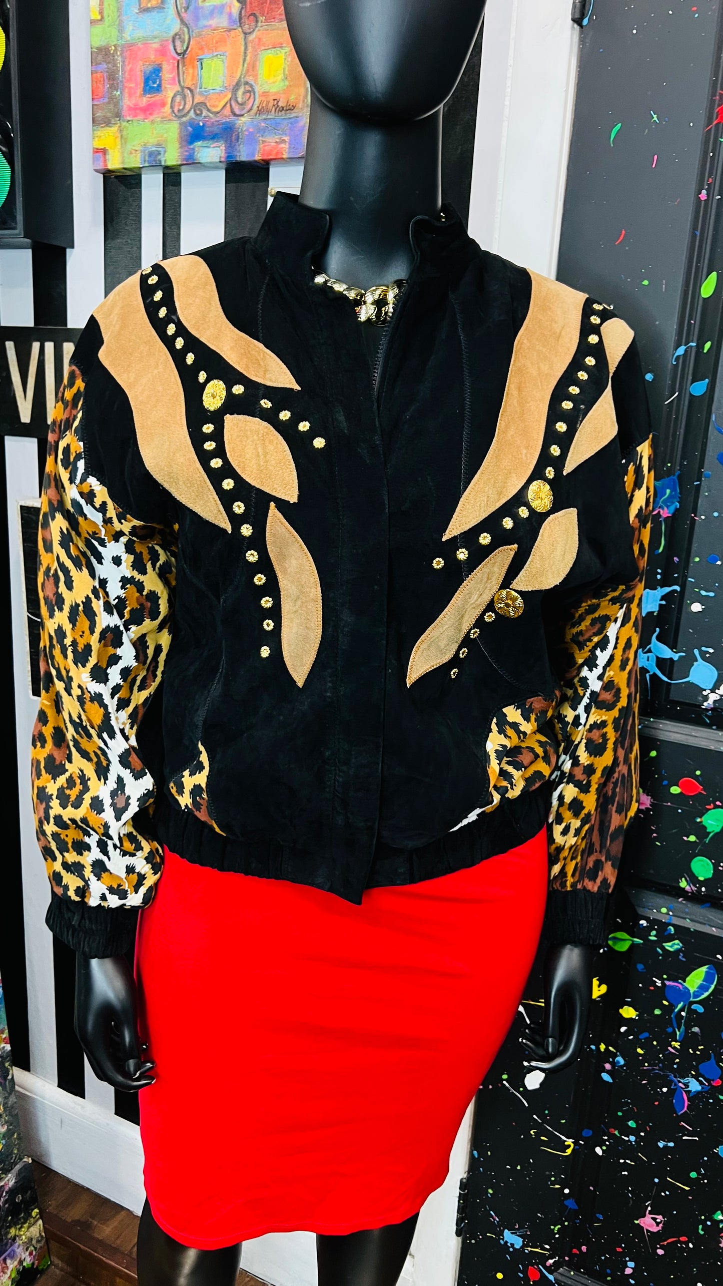 Vintage Genuine Suede Leather & Rayon Studded Animal Print Jacket (16/18)