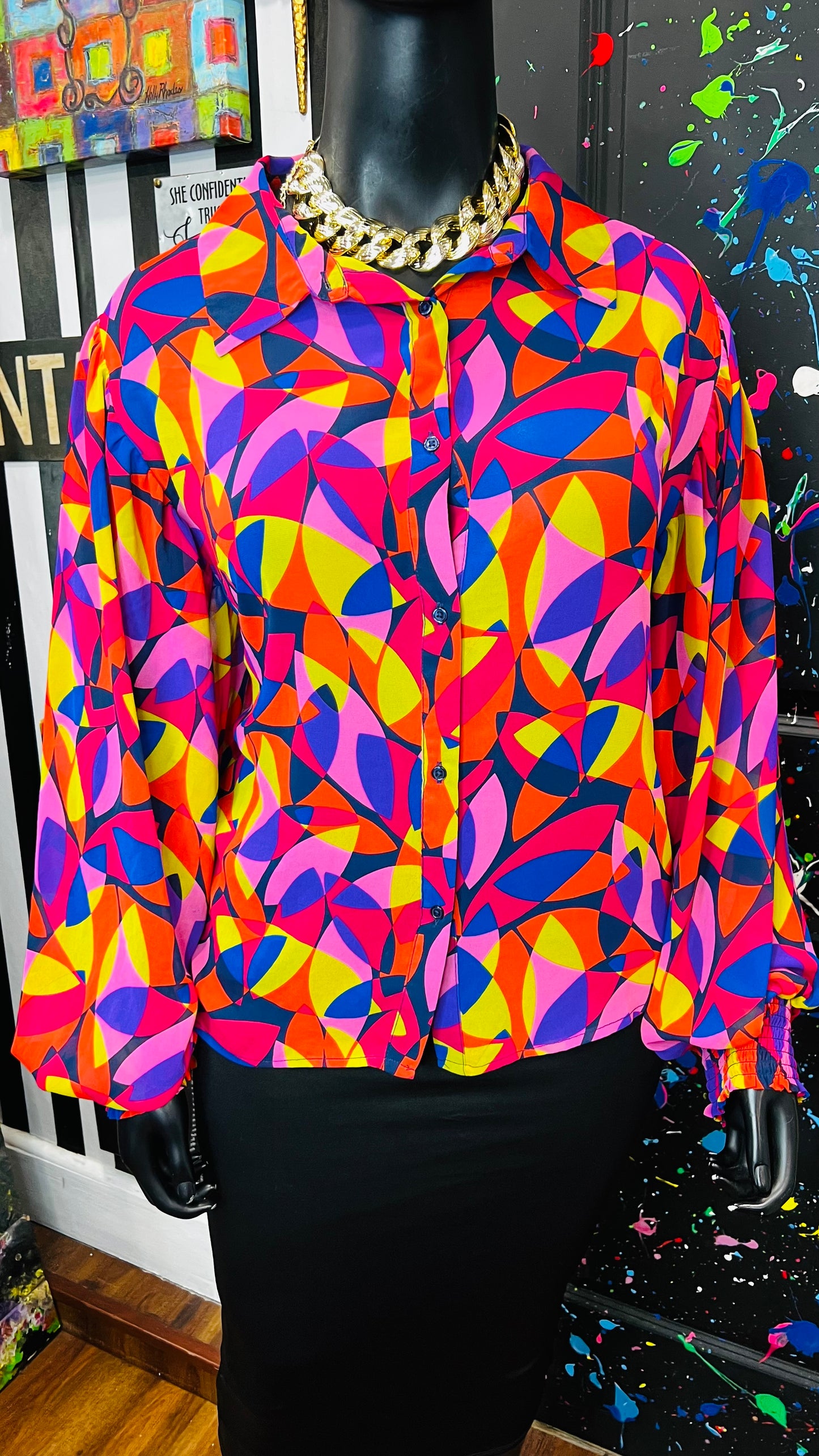 Colorful Balloon Sleeve Blouse (22)