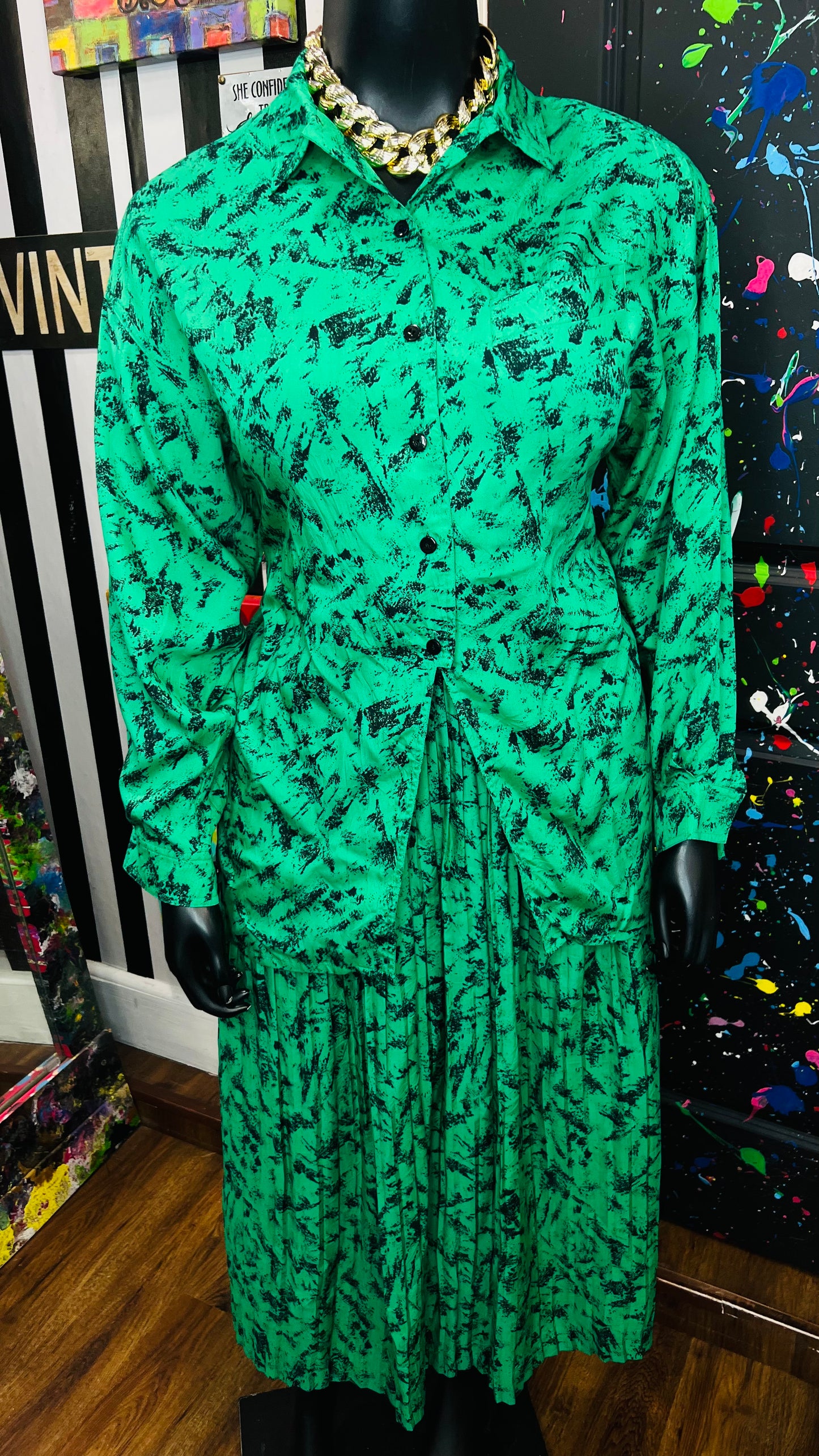 Vintage Green & Black Abstract Skirt Set (16/18)