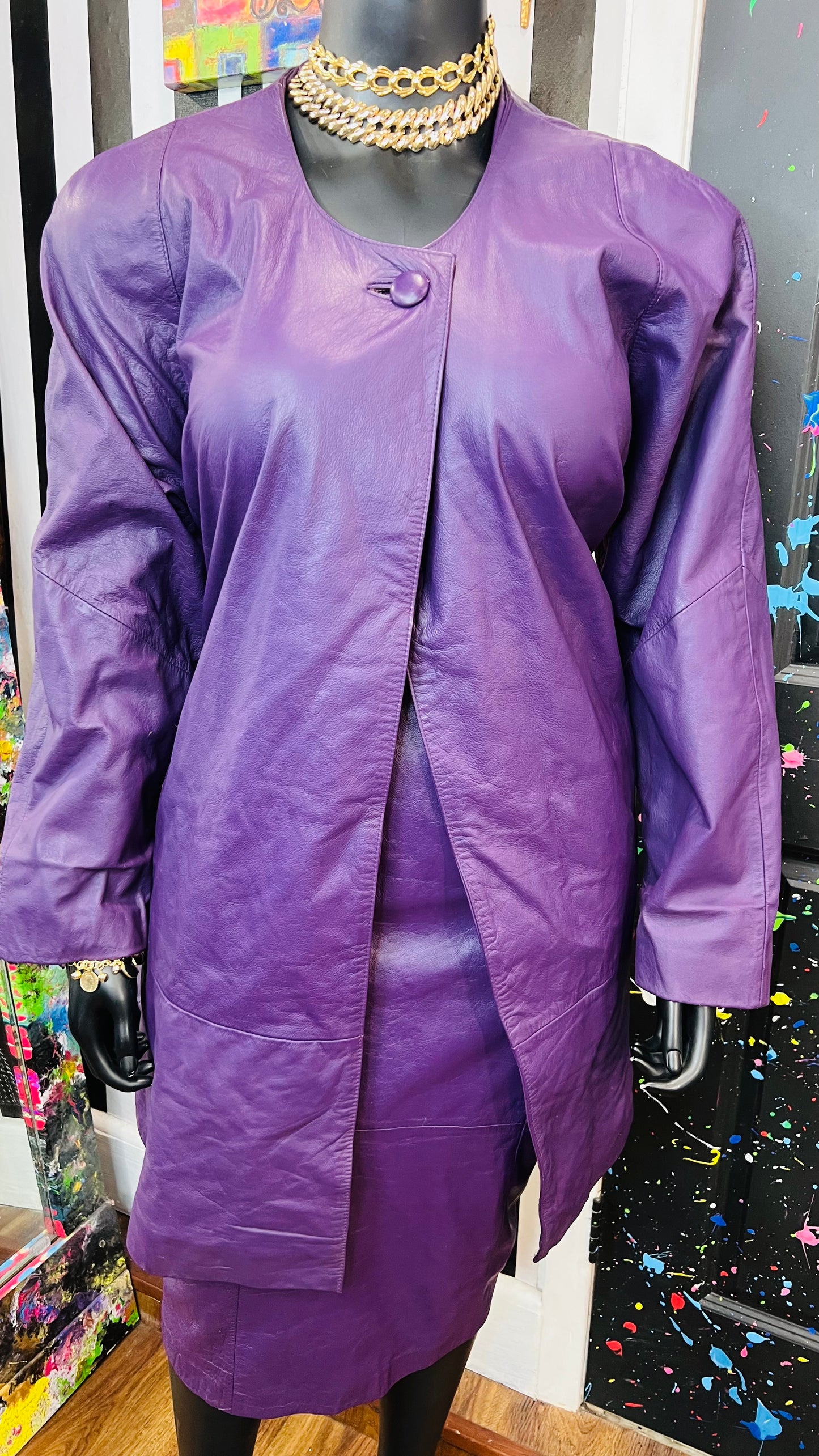 Vintage Genuine Leather Purple Swing Coat & Skirt Set (22)
