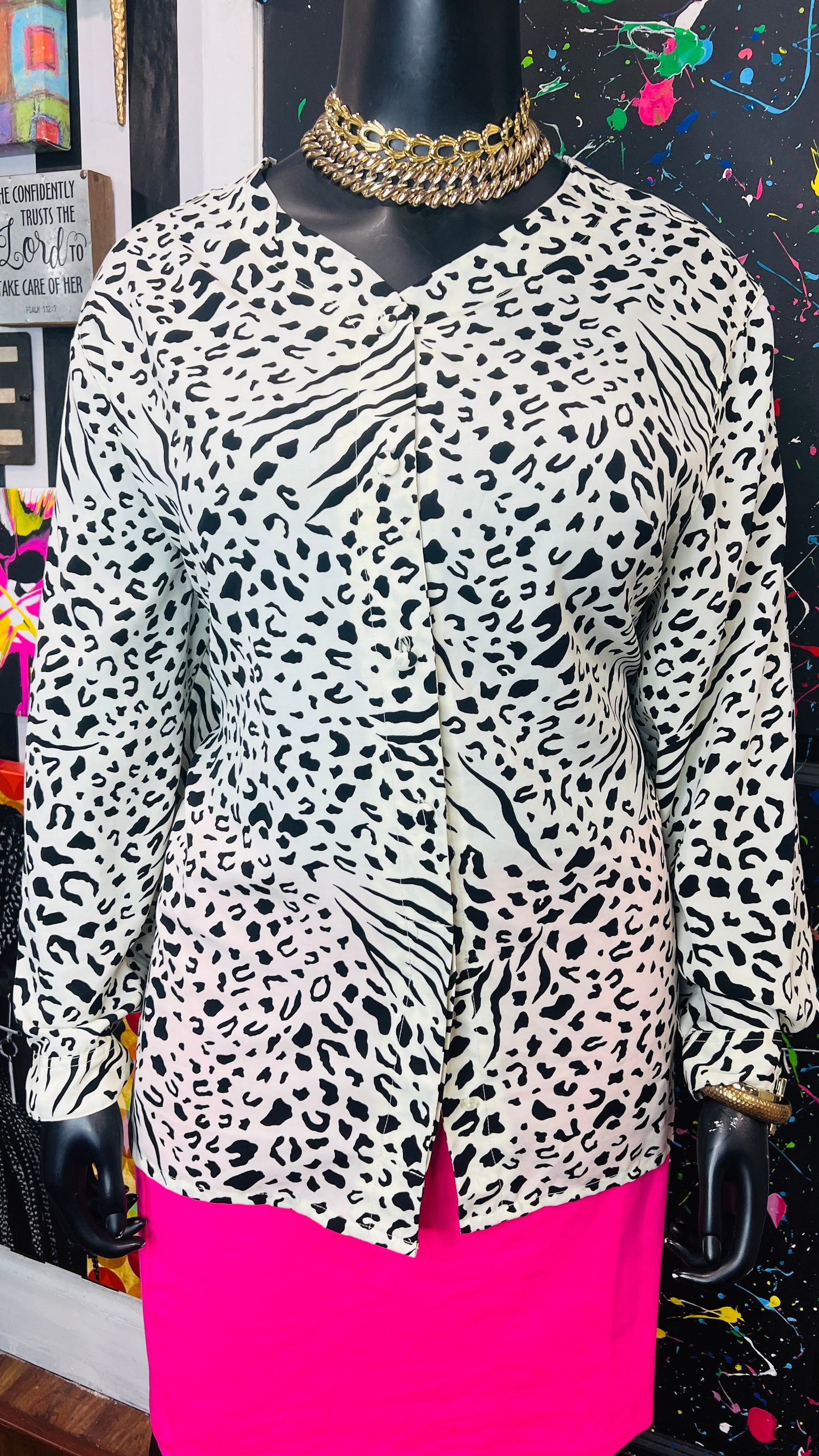 Vintage Animal Print Black & White Blouse (22)