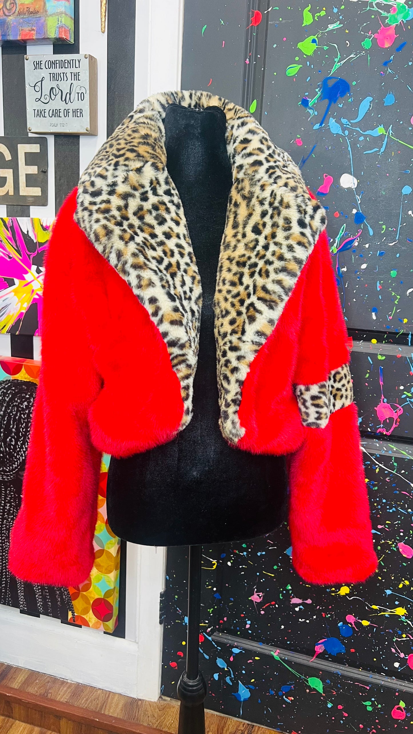 Faux Fur Red & Cheetah Cropped Jacket (12/14)