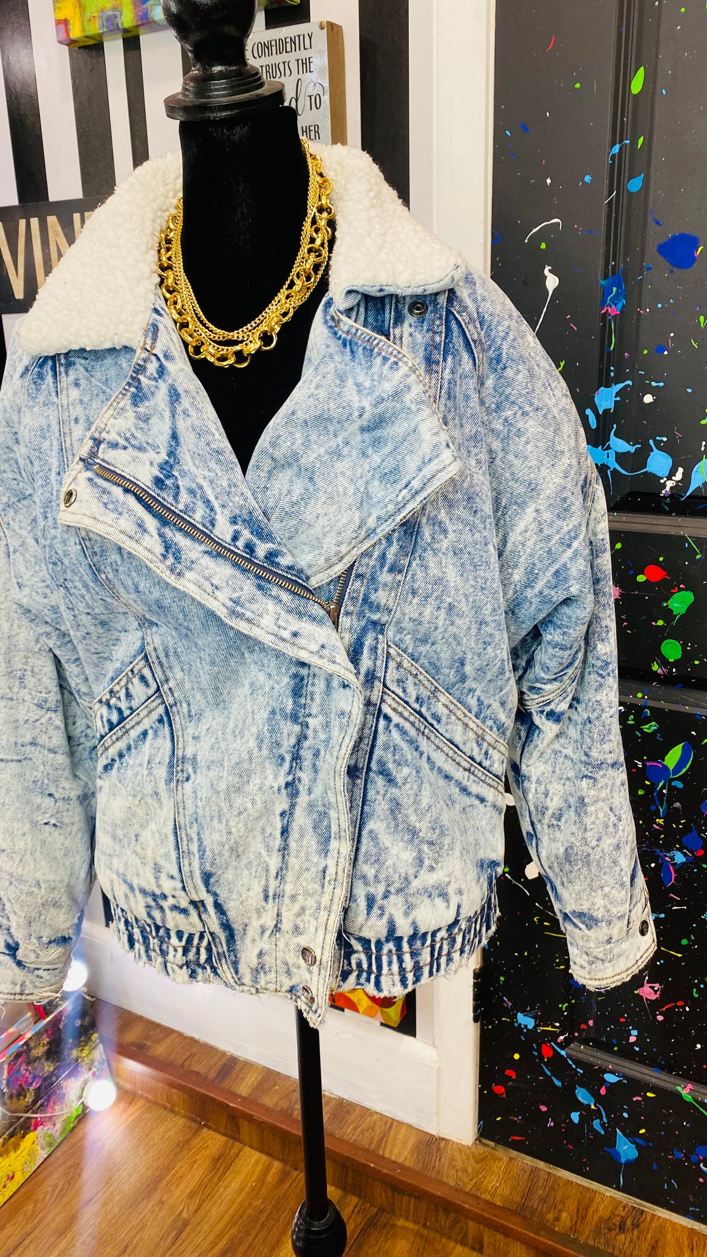 Vintage Acid Wash Cropped Coat with Fux Fur Collar (14/16)