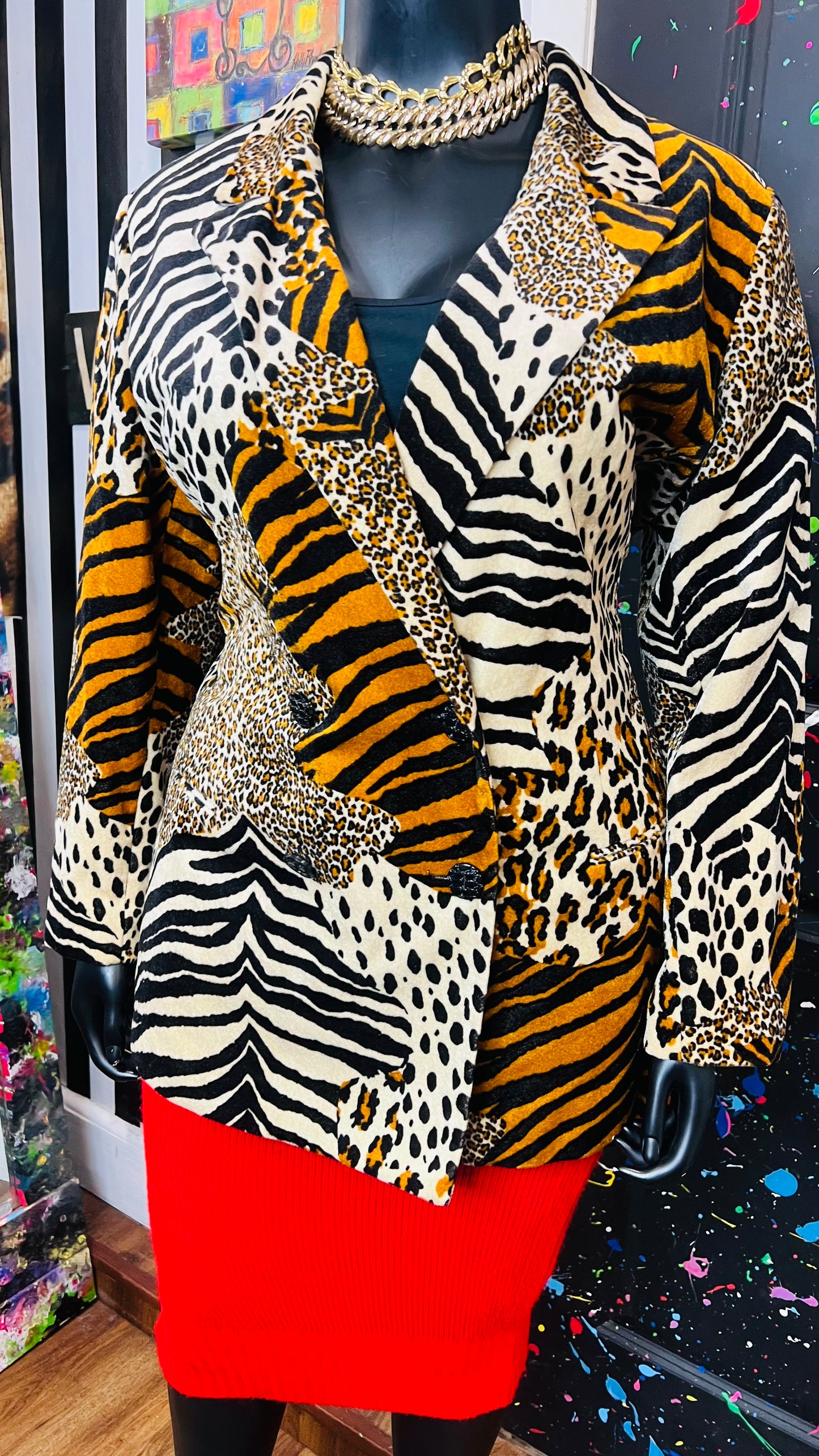 Vintage Faux Fur Mix Animal Print Double Breasted Blazer
(20W)