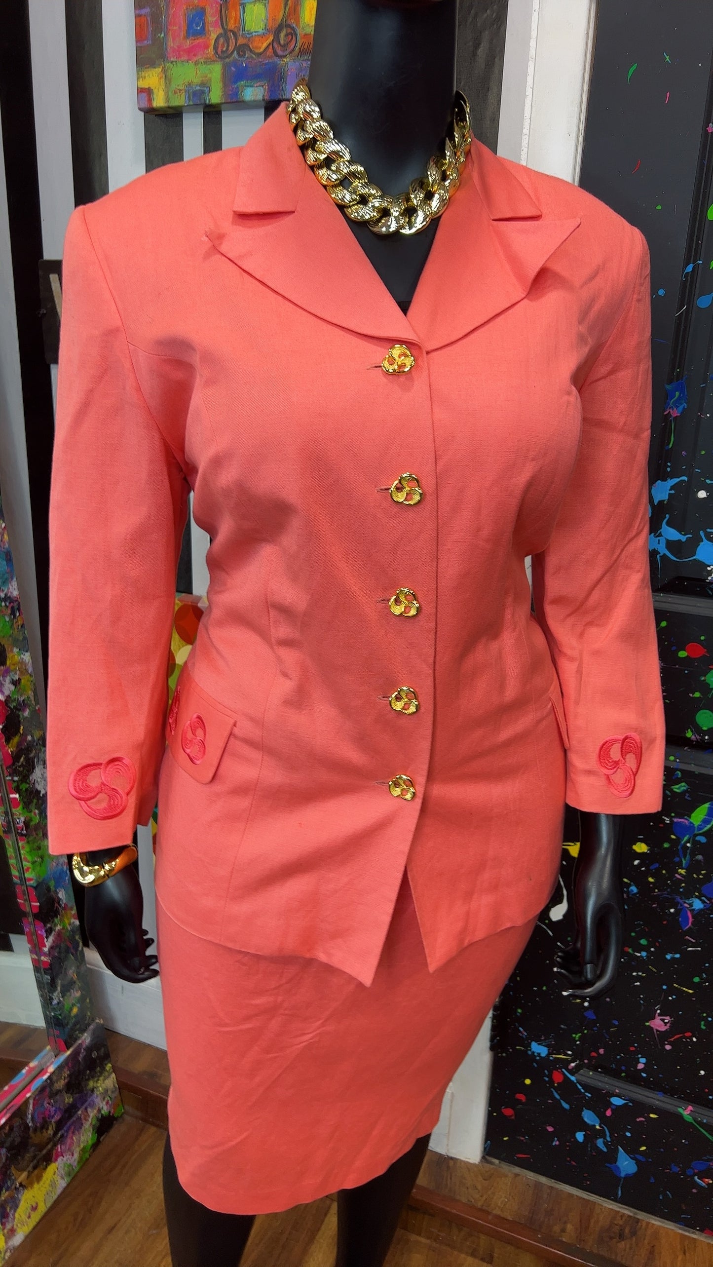 Vintage Salmon Skirt Suit w/ Gold Buttons (14)
