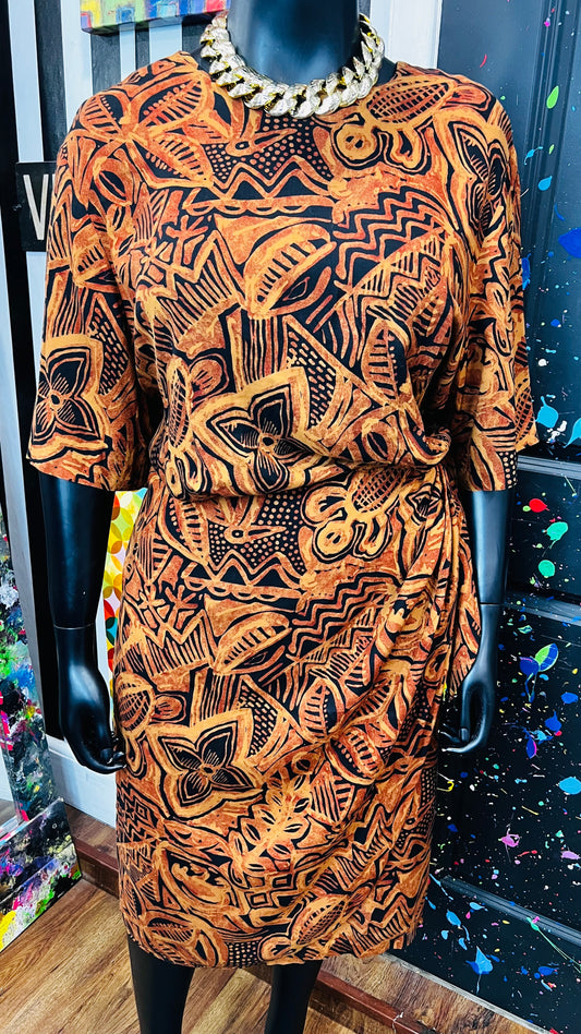 Vintage Rayon Sarong Style Tribal Print Dress (28) - Fits Like a 22