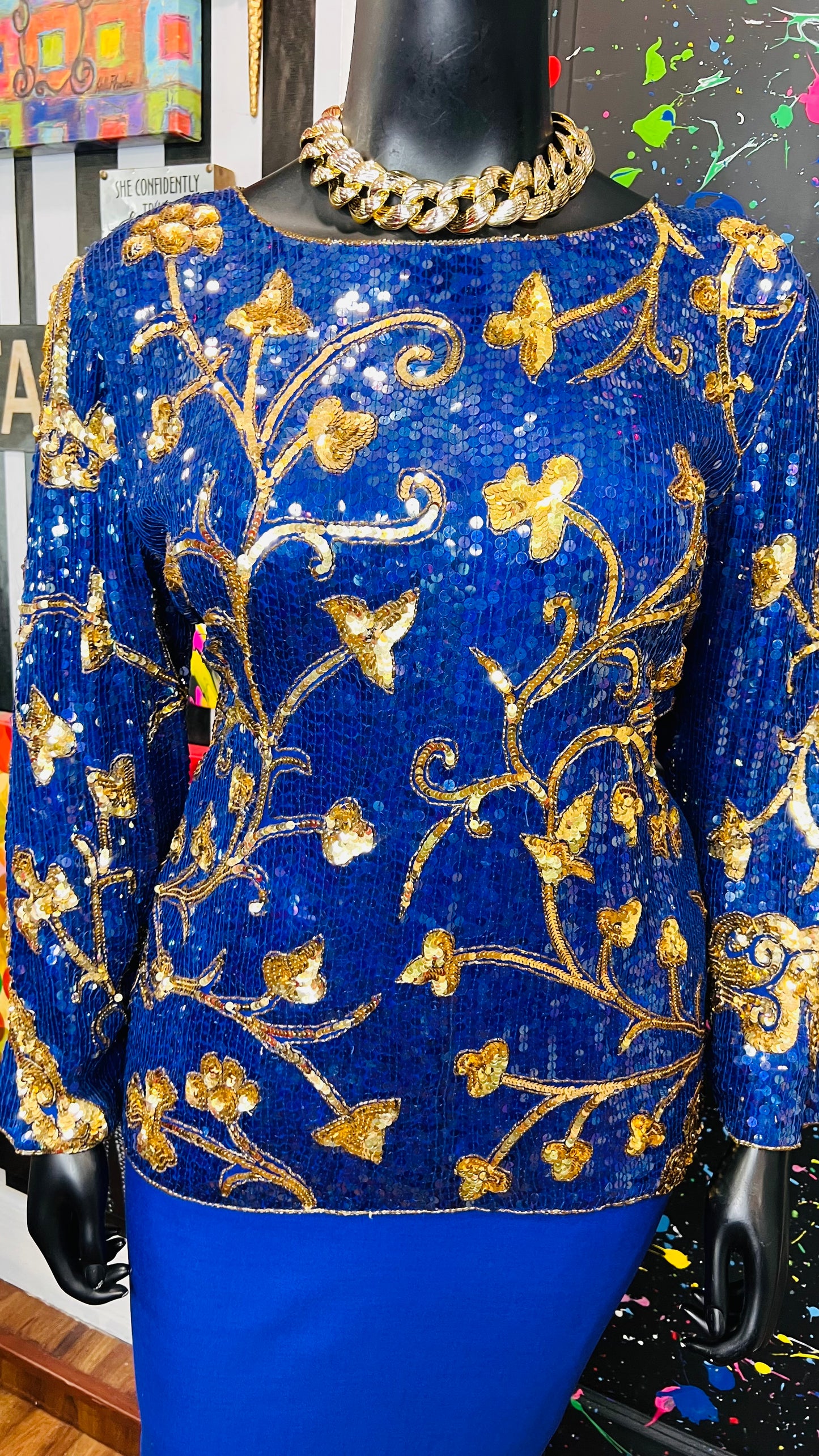 Vintage Blue & Gold Sequin Blouse (14)