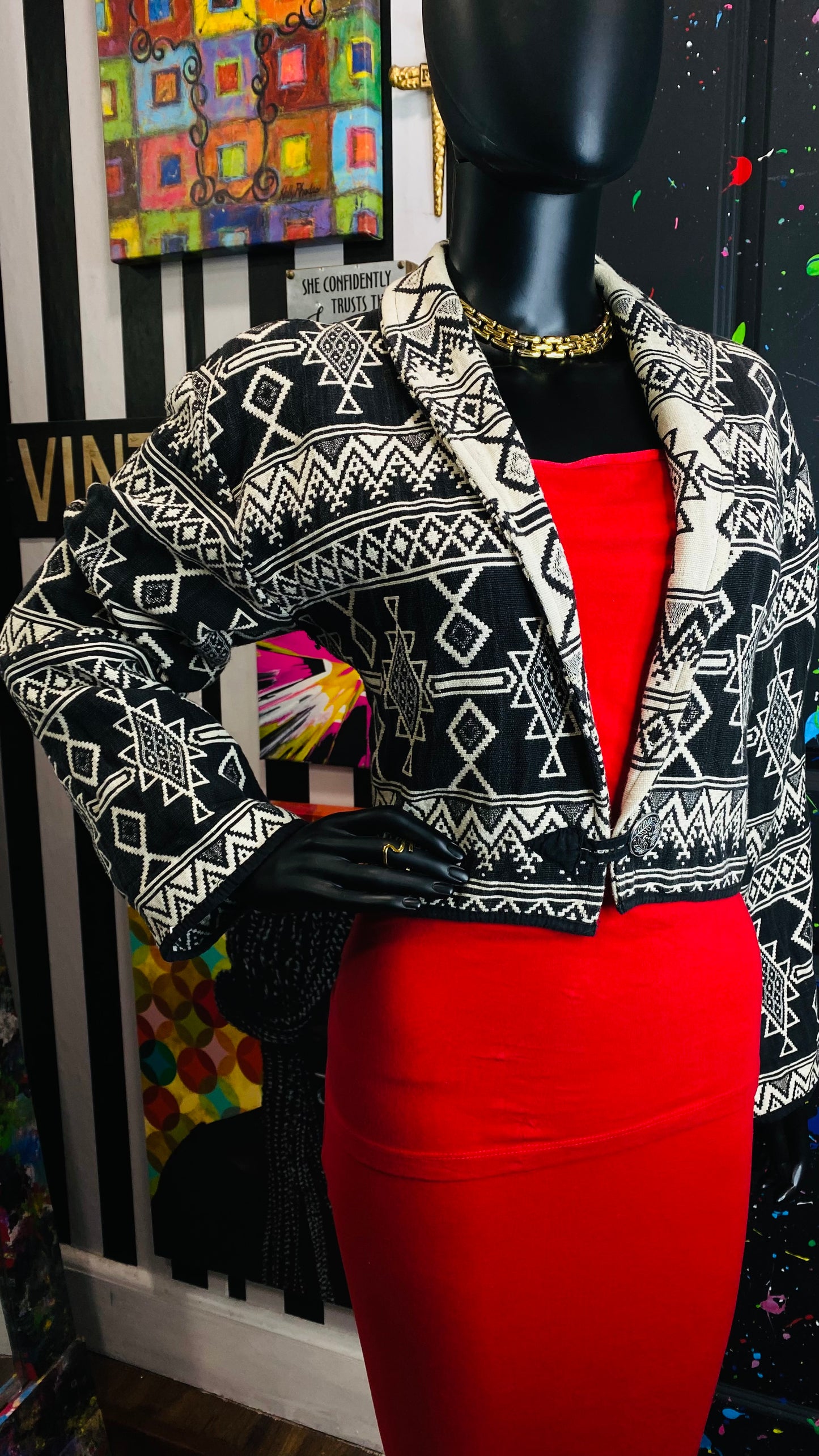 Vintage Cropped Tribal Print Blazer (12)