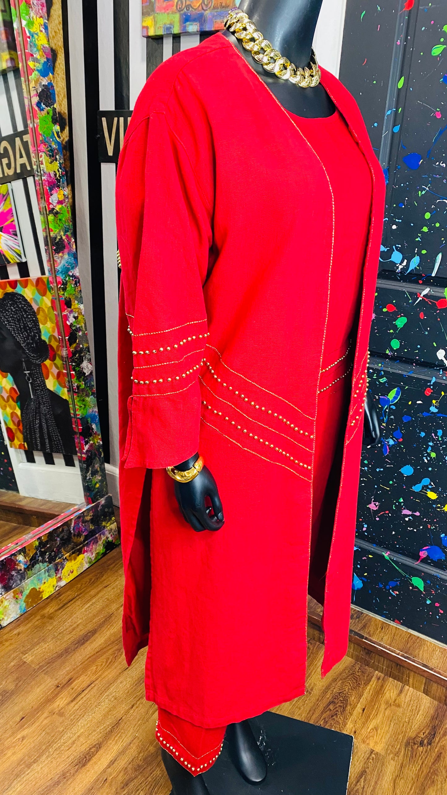 Vintage Traditional African Red & Gold Beaded 3 Piece Cotton Pants Set (14)