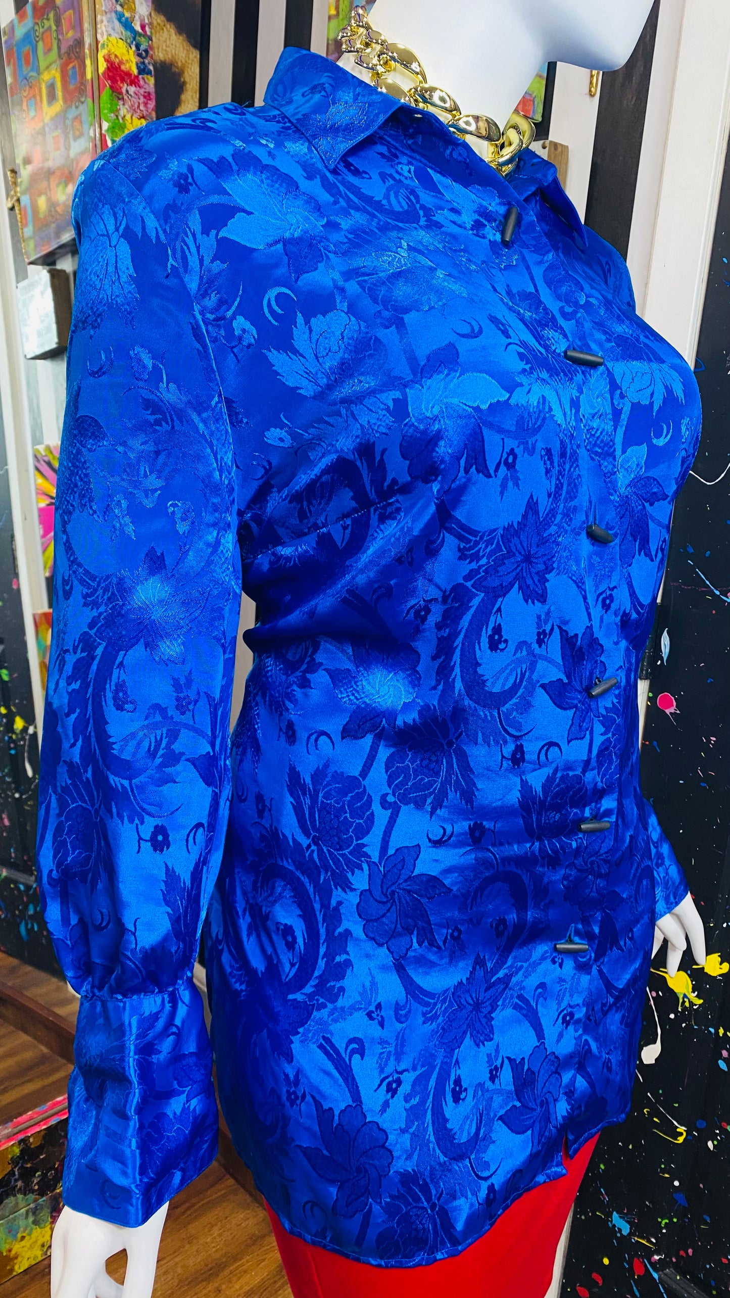 Vintage Solid Blue Paisley Print Blouse (26W)