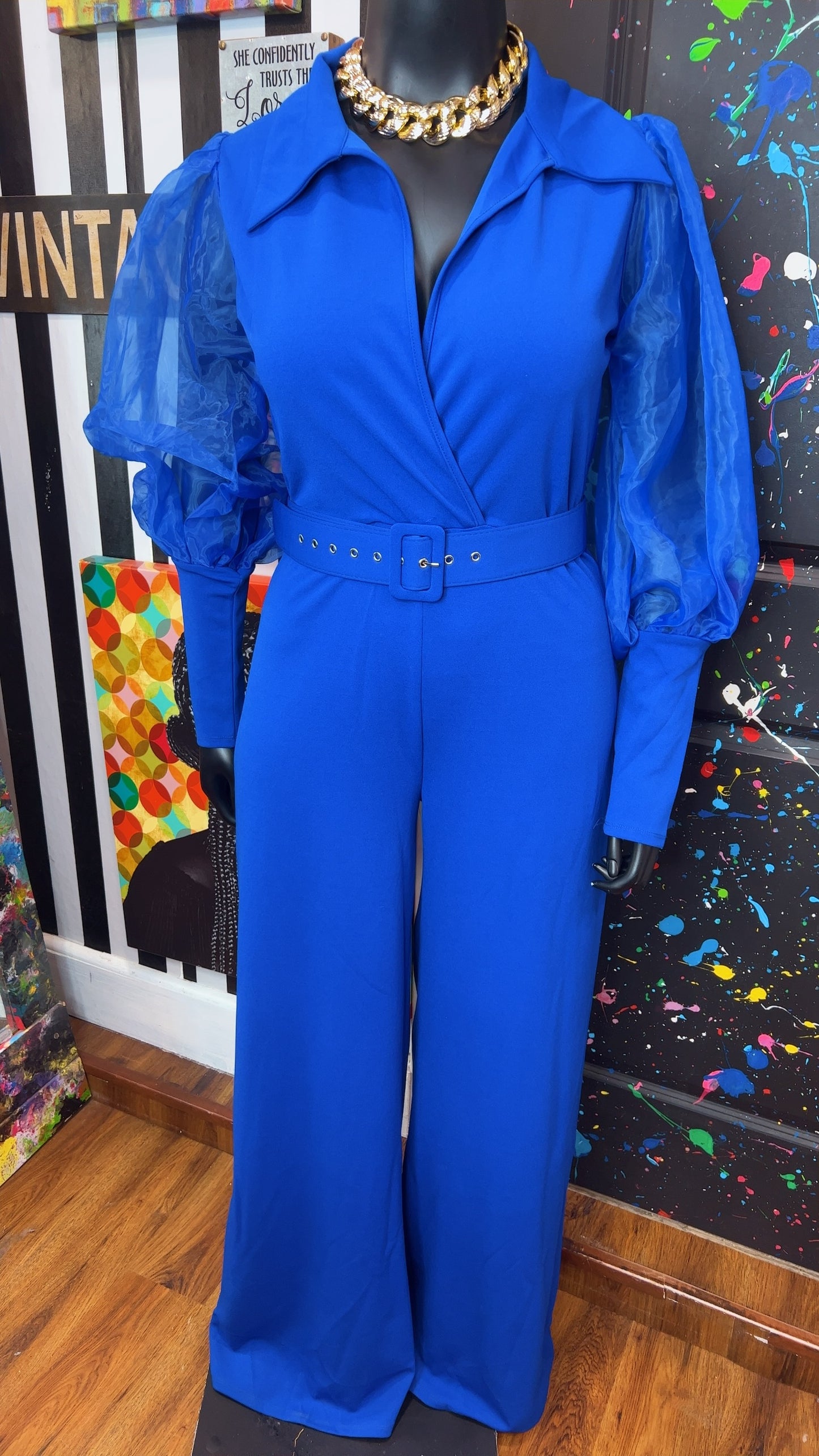 Cobalt Blue Sheer Arms Jumpsuit -New w/ Tags (14/16)