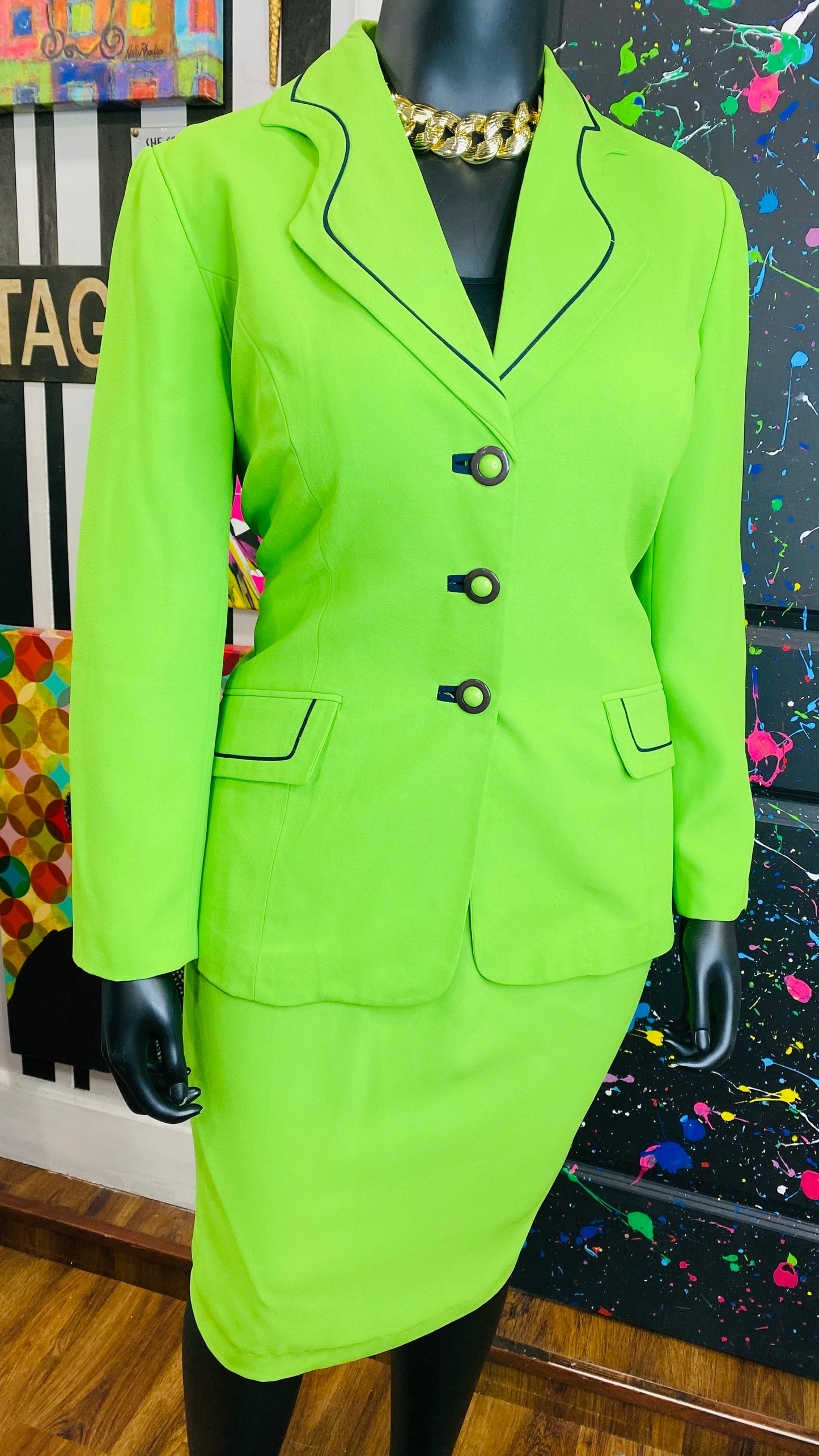 Vintage Green & Navy Blue Trim Skirt Suit (14W)