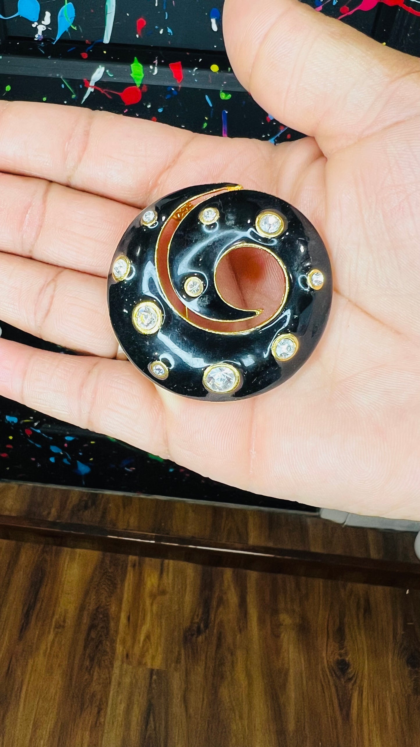 Vintage Large Round Gold & Black Brooch Pin