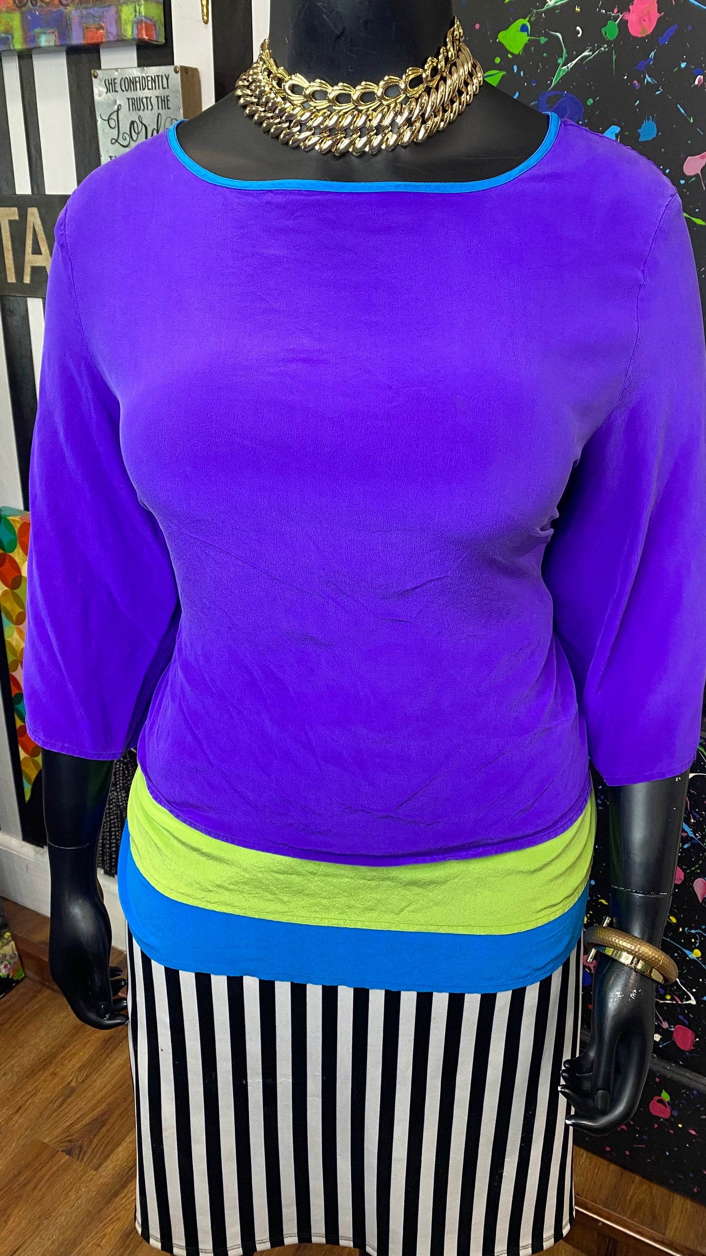 Vintage 100% Silk Purple Colorblock Diane Gilman Blouse (20)