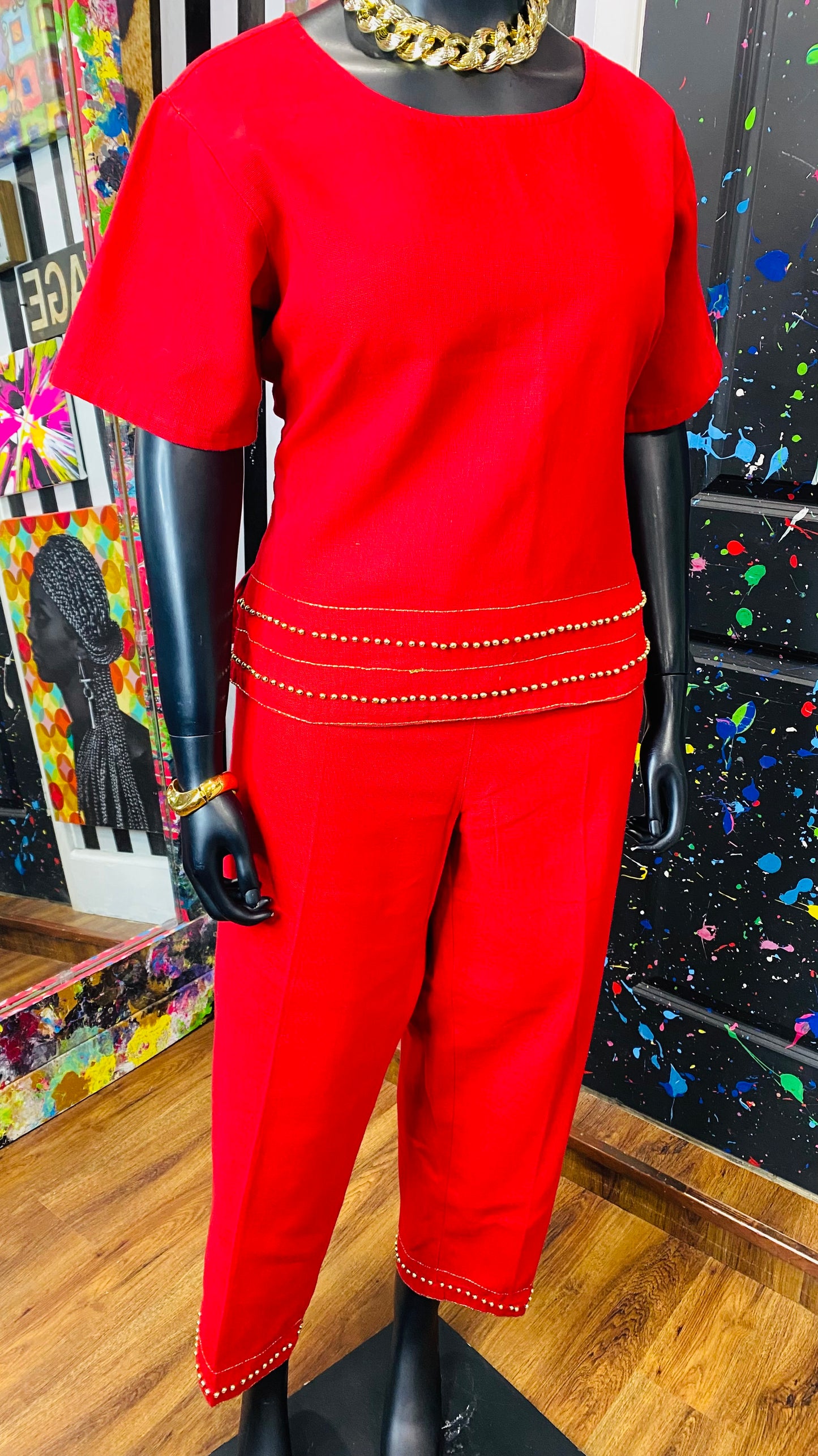 Vintage Traditional African Red & Gold Beaded 3 Piece Cotton Pants Set (14)