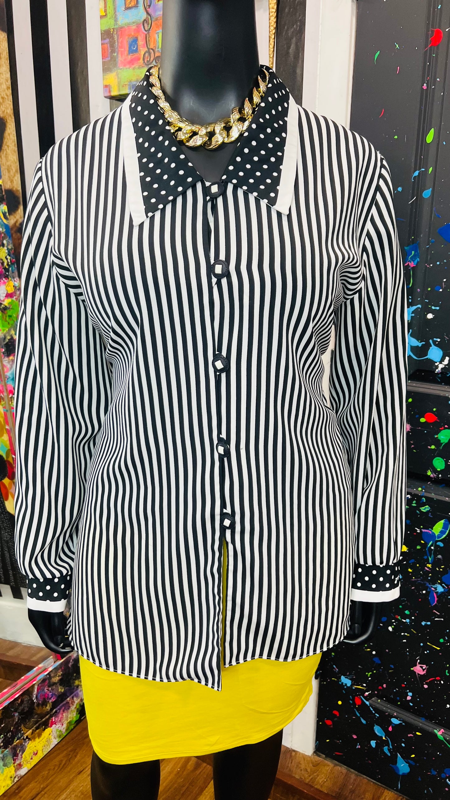 Vintage Polka Dot & Stripes Blouse - Black & White (18)
