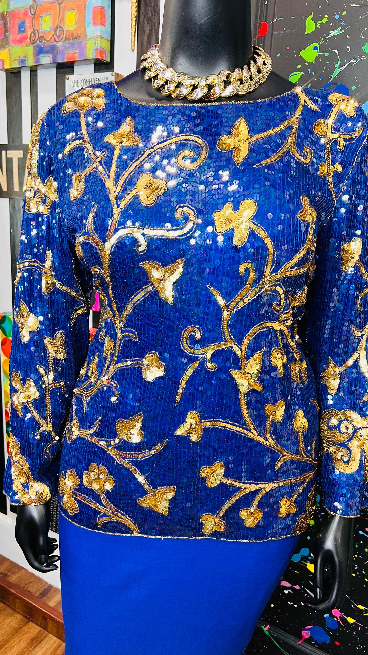 Vintage Blue & Gold Sequin Blouse (14)