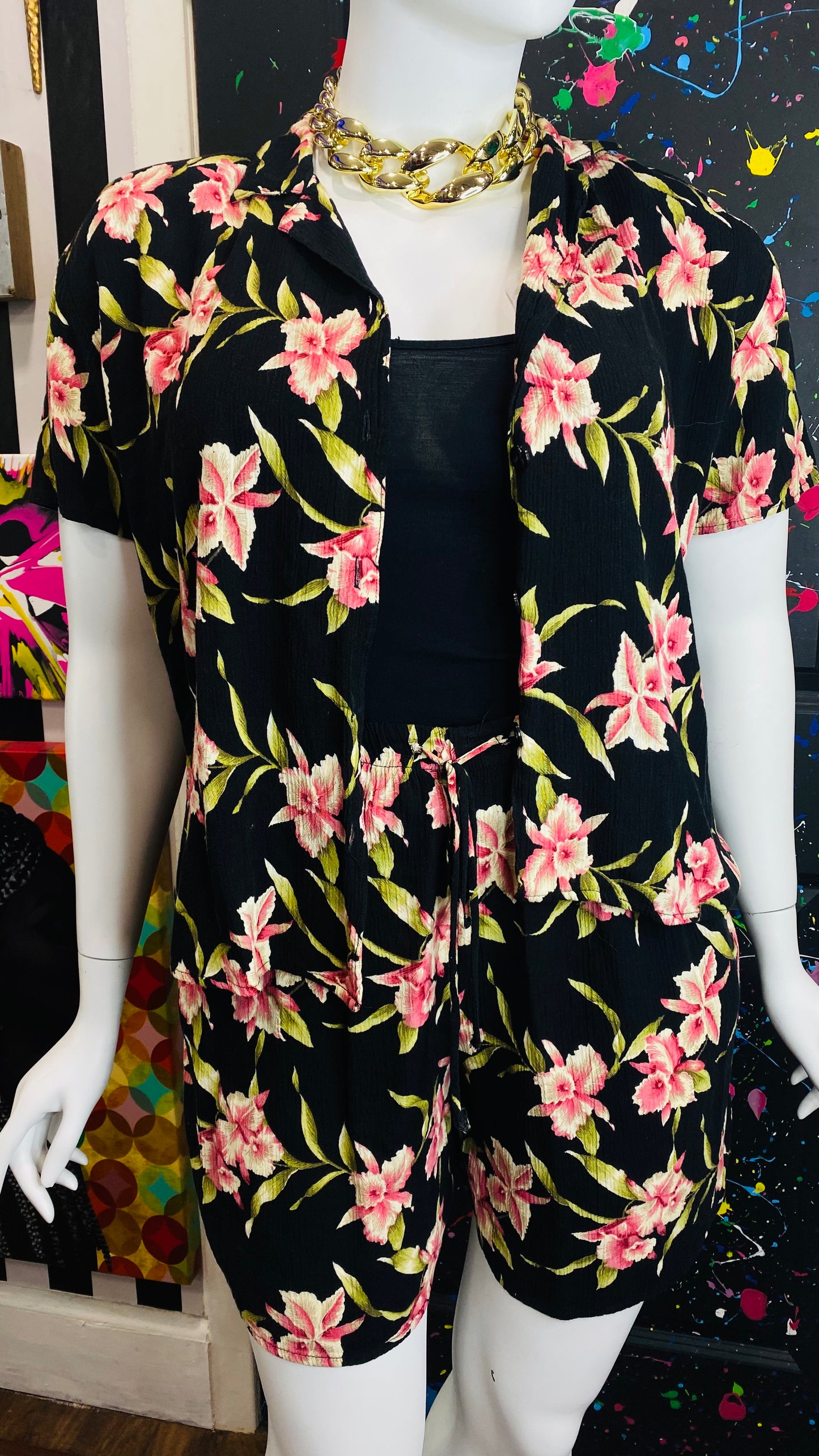 Vintage Floral Rayon Shorts Set (16/18)