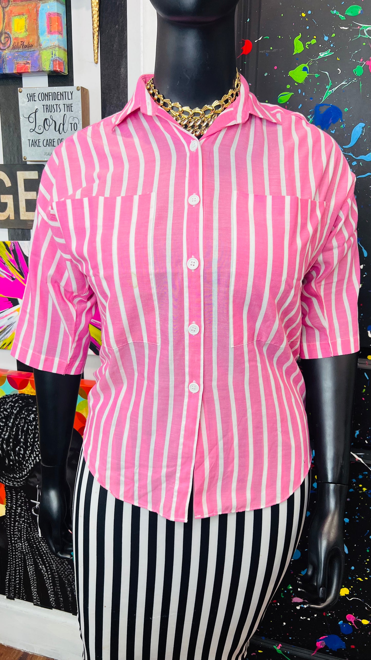 Vintage Cotton Pink & White Striped Blouse (14)