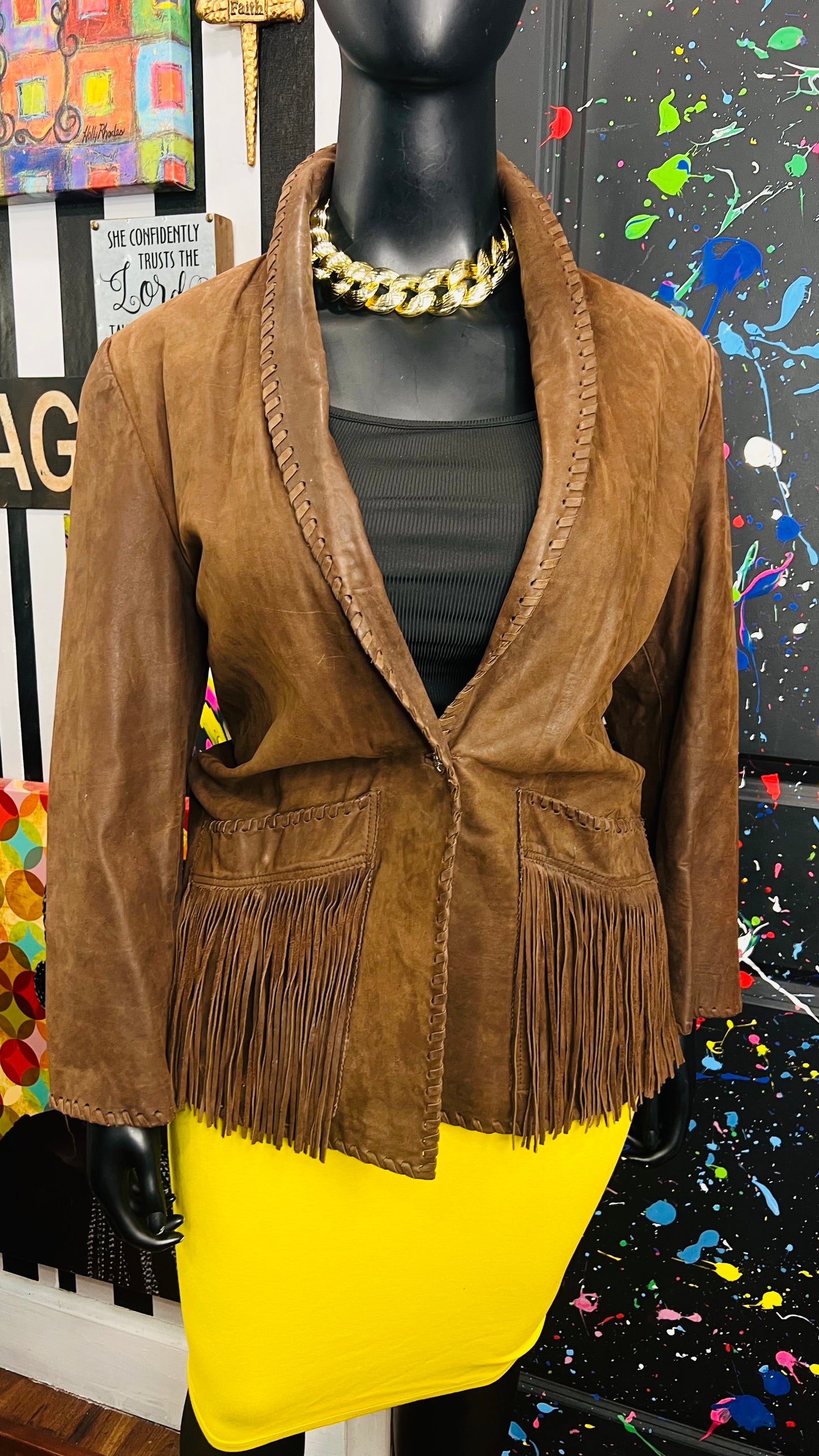 Vintage Genuine Leather Brown Fringe Blazer (18)