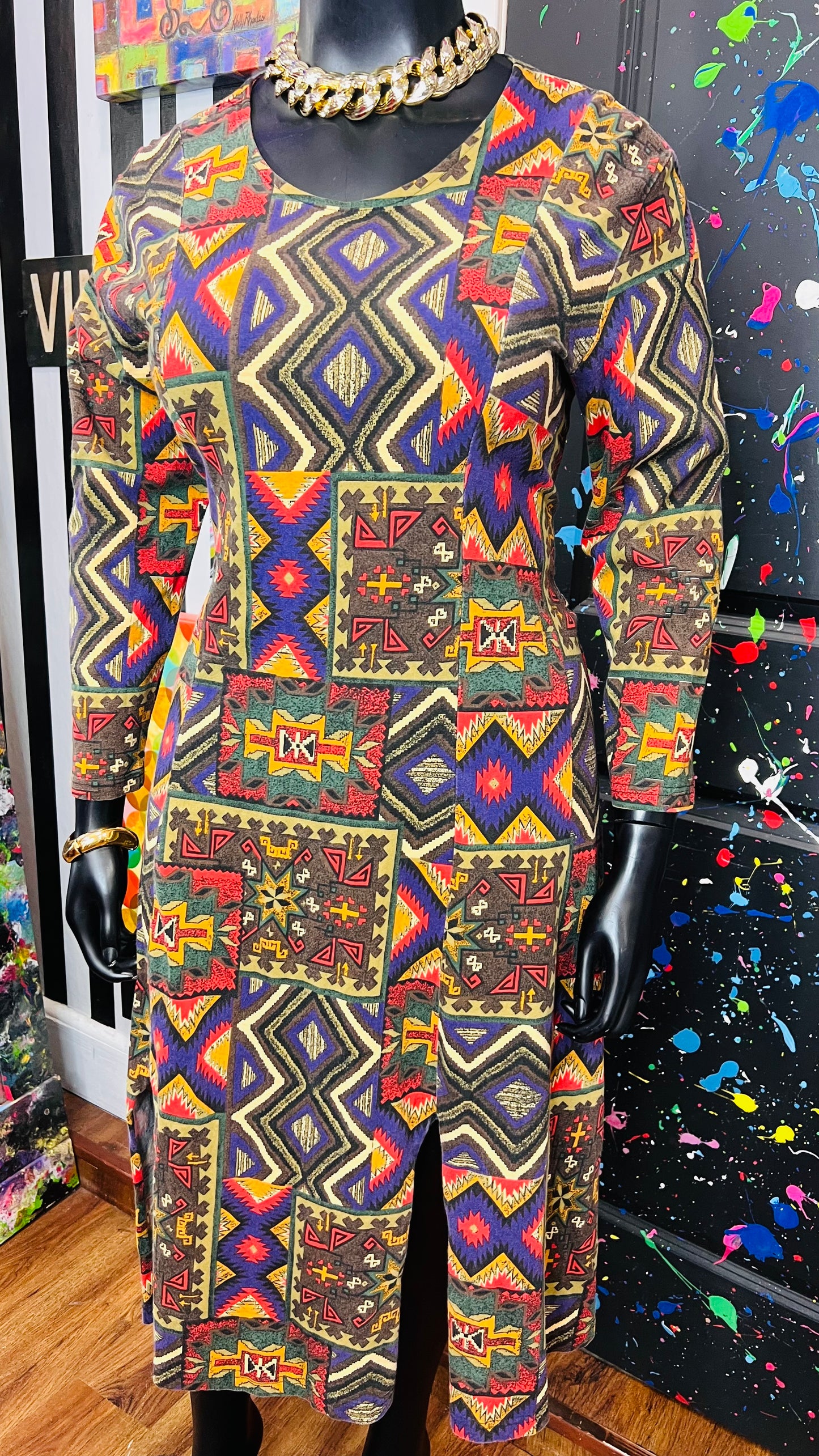 Vintage Cotton Tribal Print Dress (12/14)