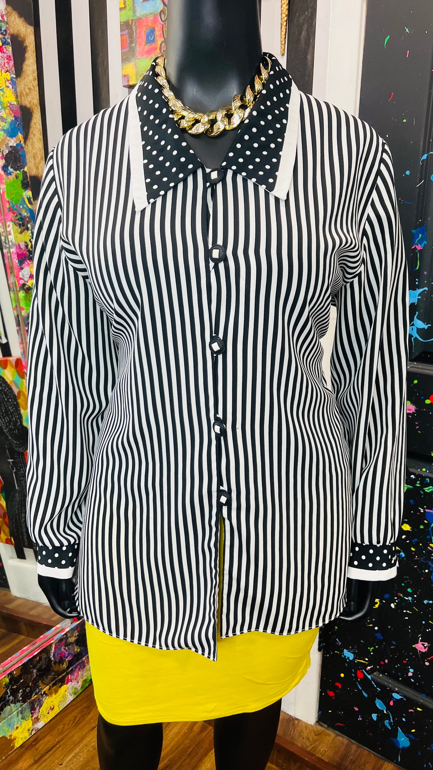 Vintage Polka Dot & Stripes Blouse - Black & White (18)