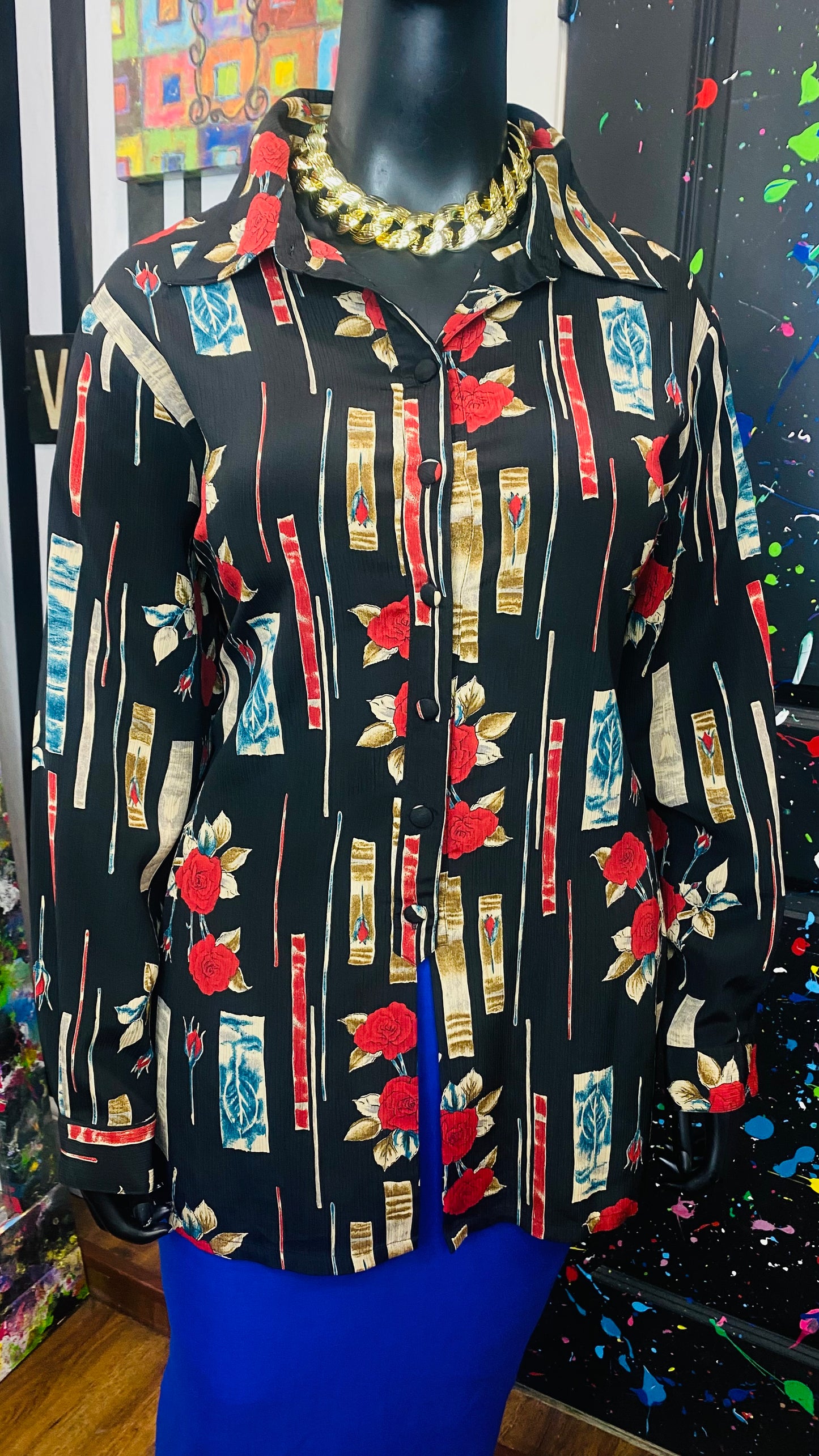 Vintage Black Blue & Red Rose Blouse (22)