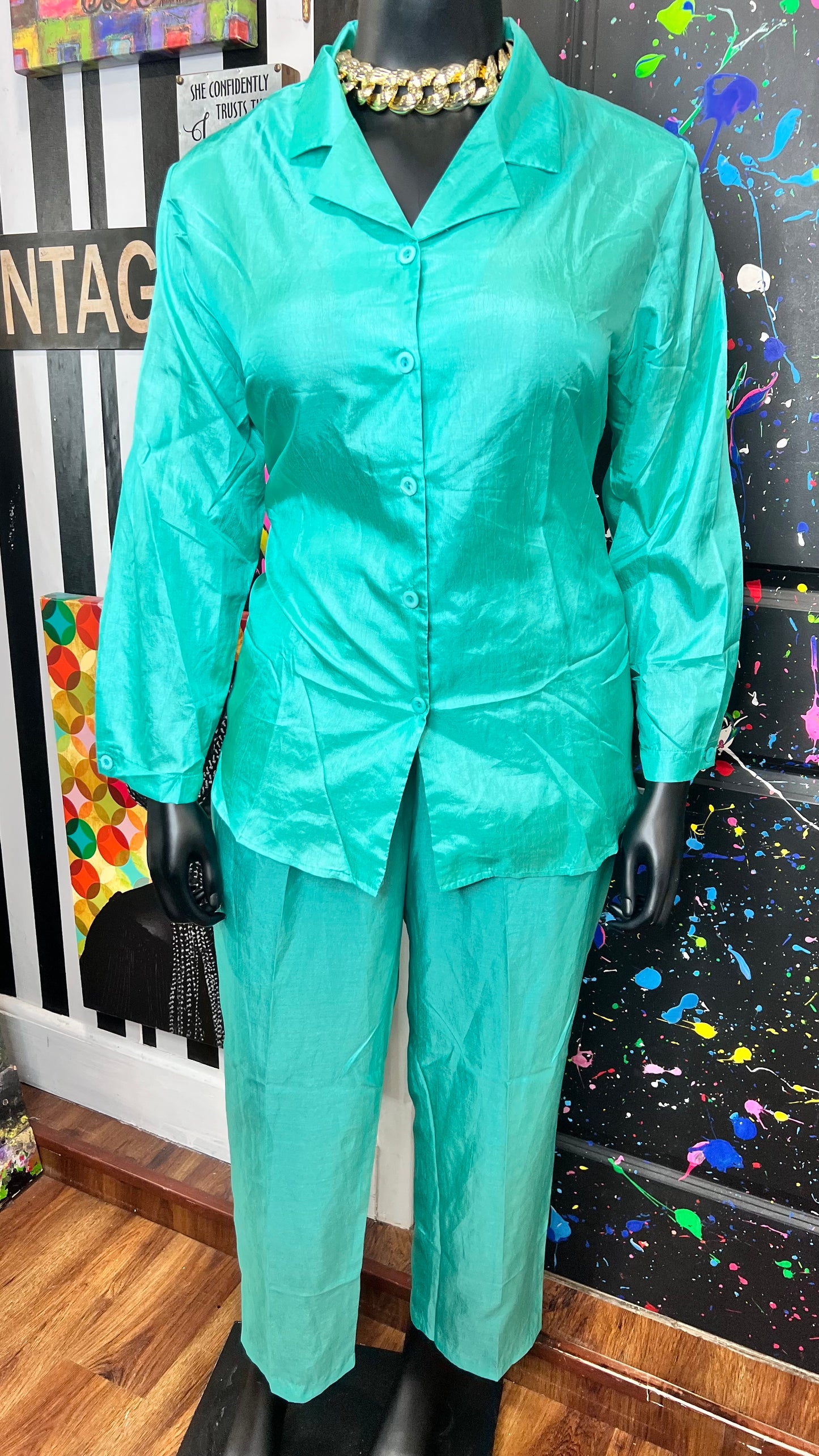 Vintage Teal Polyester Light Weight Pants Set (16/18)