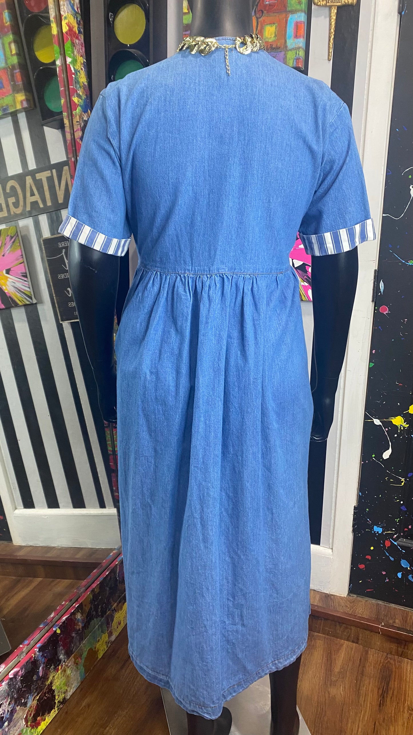 Vintage Denim Striped Sleeve Dress (12)