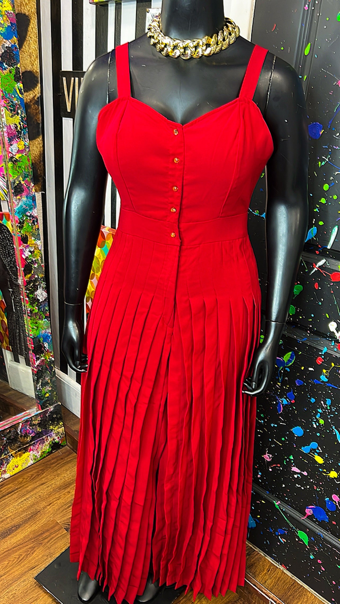 Vintage Red Pleated Pants Jumpsuit (14/16)