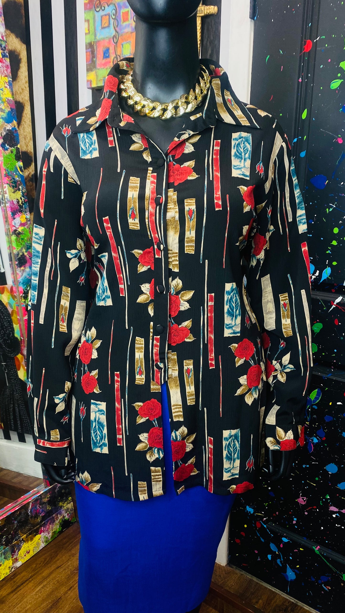 Vintage Black Blue & Red Rose Blouse (22)