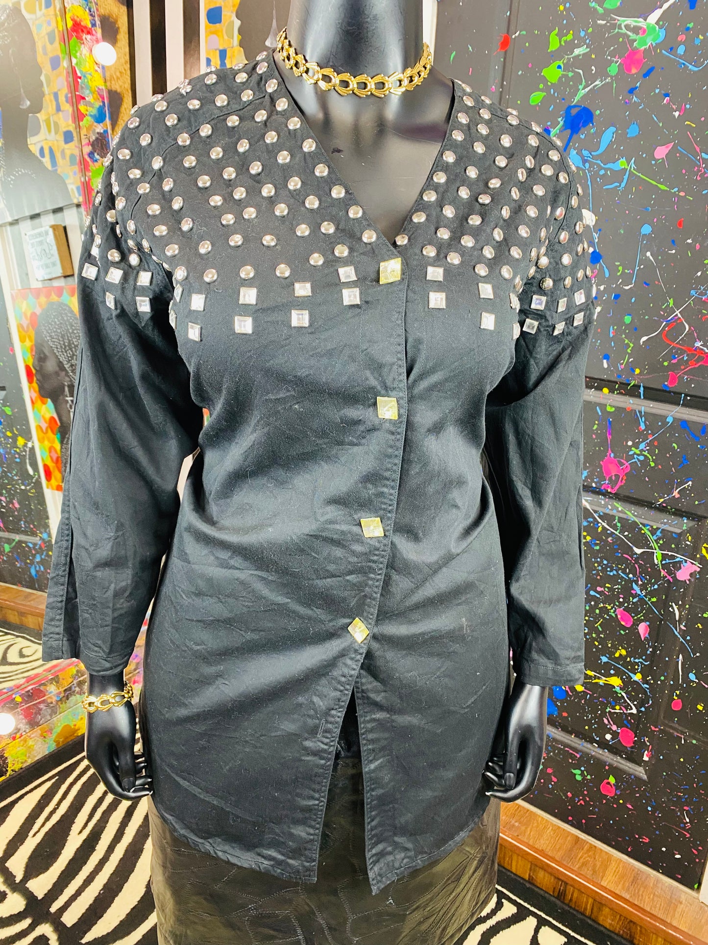Vintage Black Silver Studded Long Sleeve Blouse