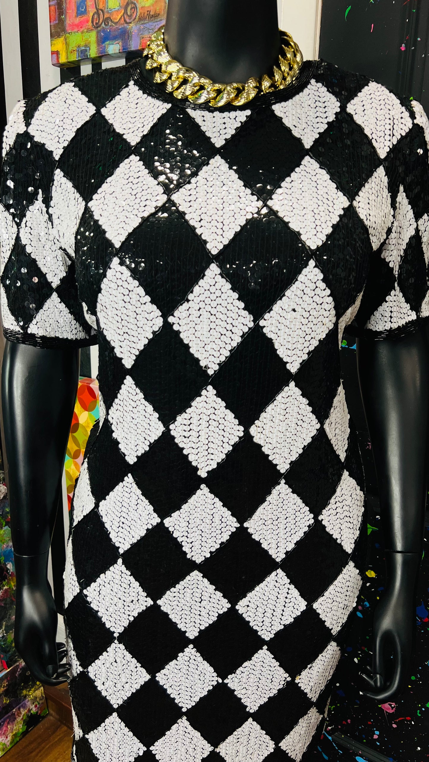 Vintage Black & White 100% Silk Sequin Dress (14)
